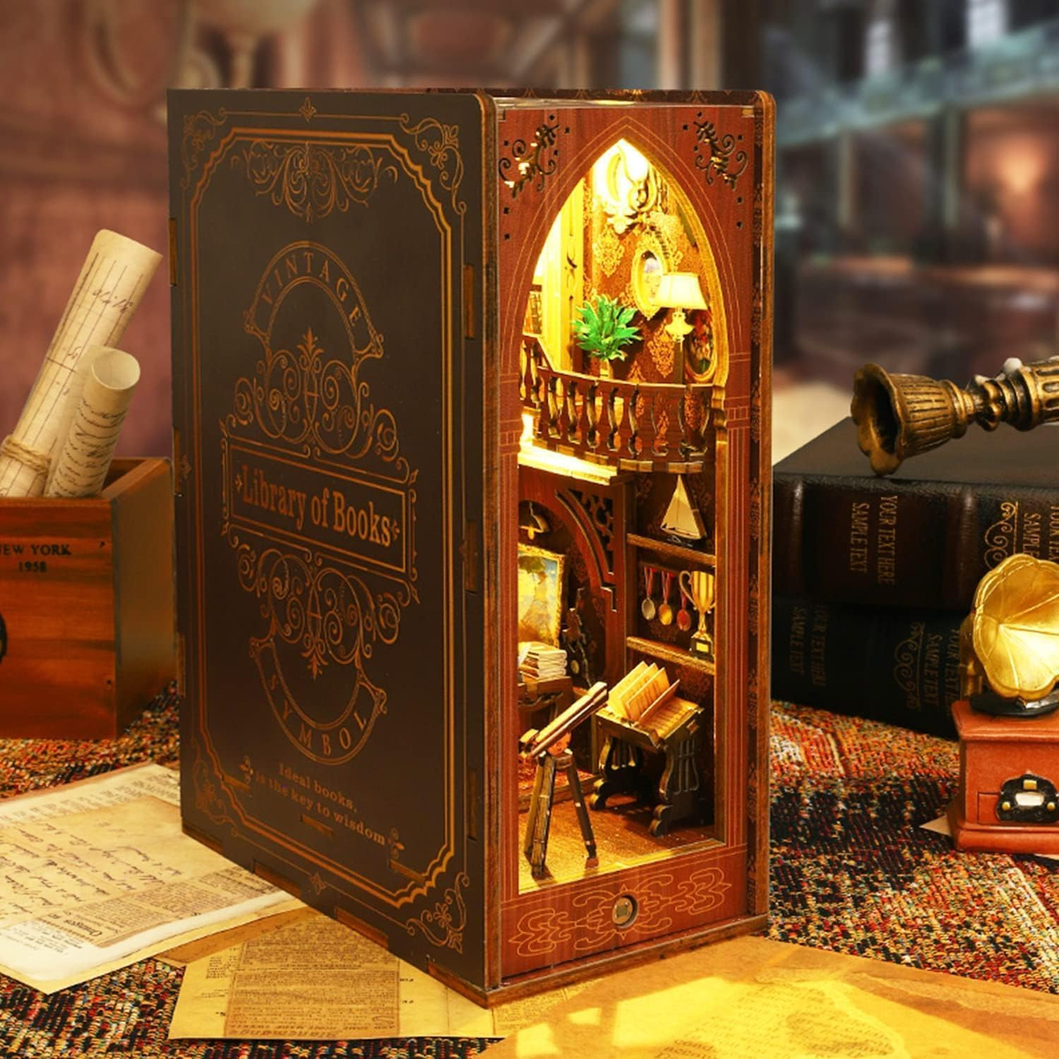 Book Nook Kit for Adults, DIY Miniature Dollhouse with LED Lights 3D Wooden Puzzle Bookend for Bookshelf Decor, Tiny Model House to Build image number 3