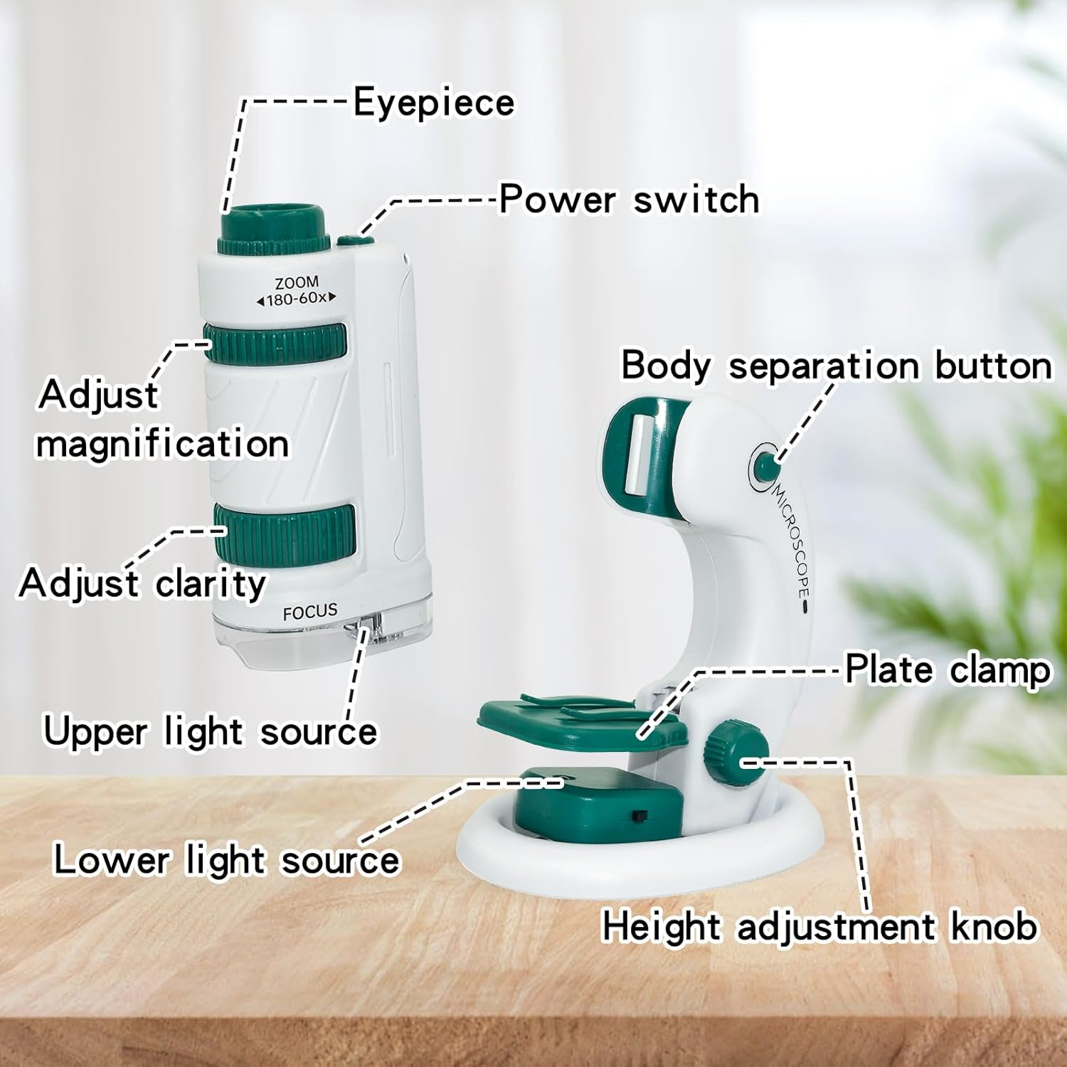 Microscope Toys for Kids Zoom 60X-180X, Handheld Mini Toddlers-Educational Science Toys Little Scientist, Pocket Microscope with 12Pcs Slides, Gifts for 6+ Girls Boys(Green) - 12 Pcs Green Microscope image number 2