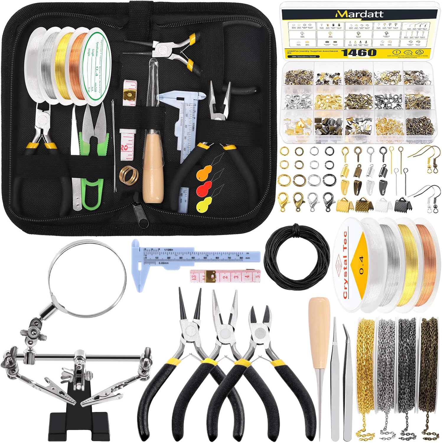 Mardatt 1488Pcs Jewelry Making Supplies Kit Includes Magnifying Glass, Pliers, Wires, Chain, Jump Ring Opener and Tweezers Accessories for Repair Silver M1036 image number 4