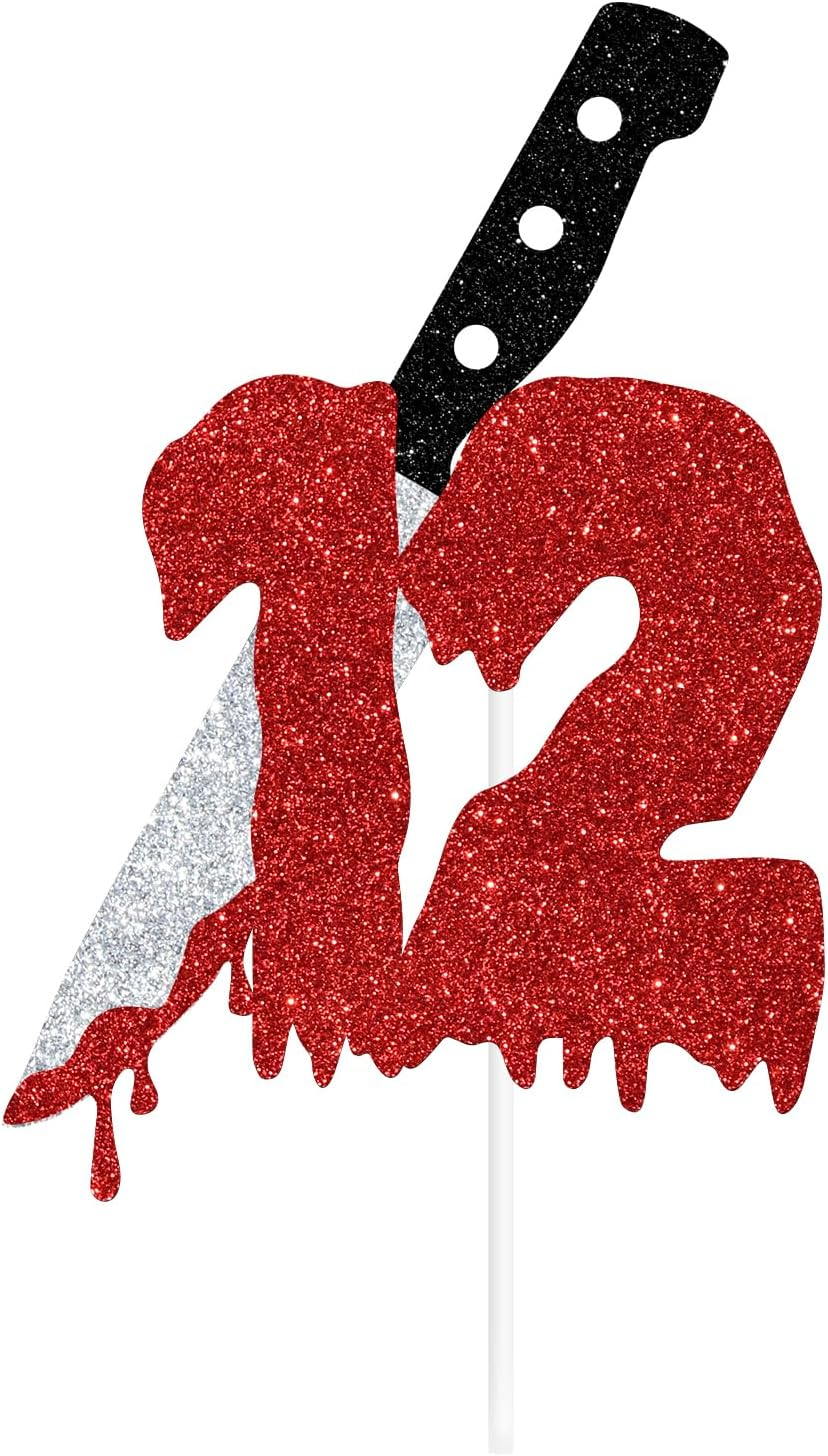 Red Glitter Killer 12 Cake Topper, Killer Happy 12Th Birthday/Have a Killer Birthday, Horror Blood Knife 12Th Birthday Party Decorations Supplies image number 5