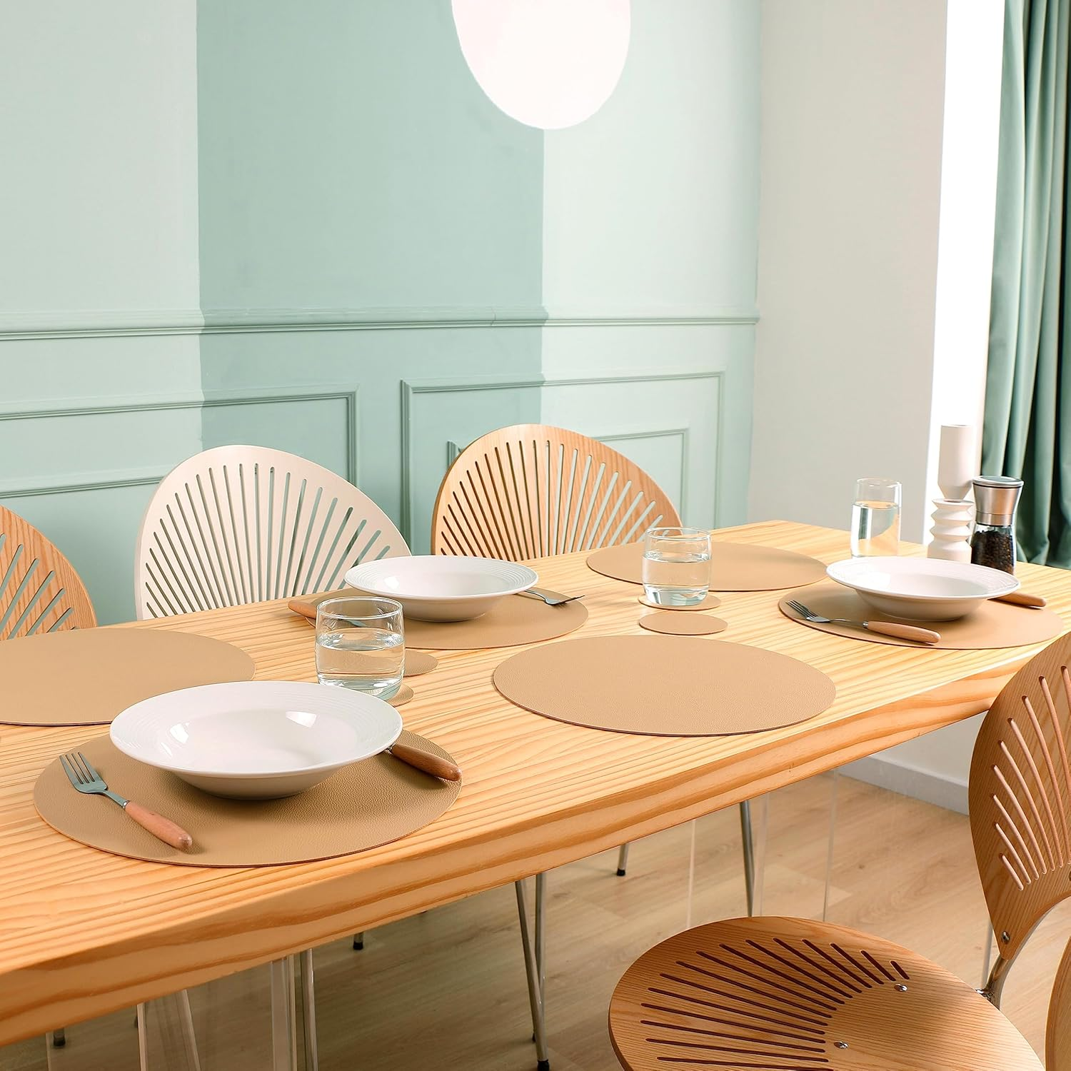 Wipeable Placemats and Coasters Leather Table Mats Waterproof Heat-Resistant Easy to Clean for Dining Table Set Kitchen Table Set of 6, Buff image number 6