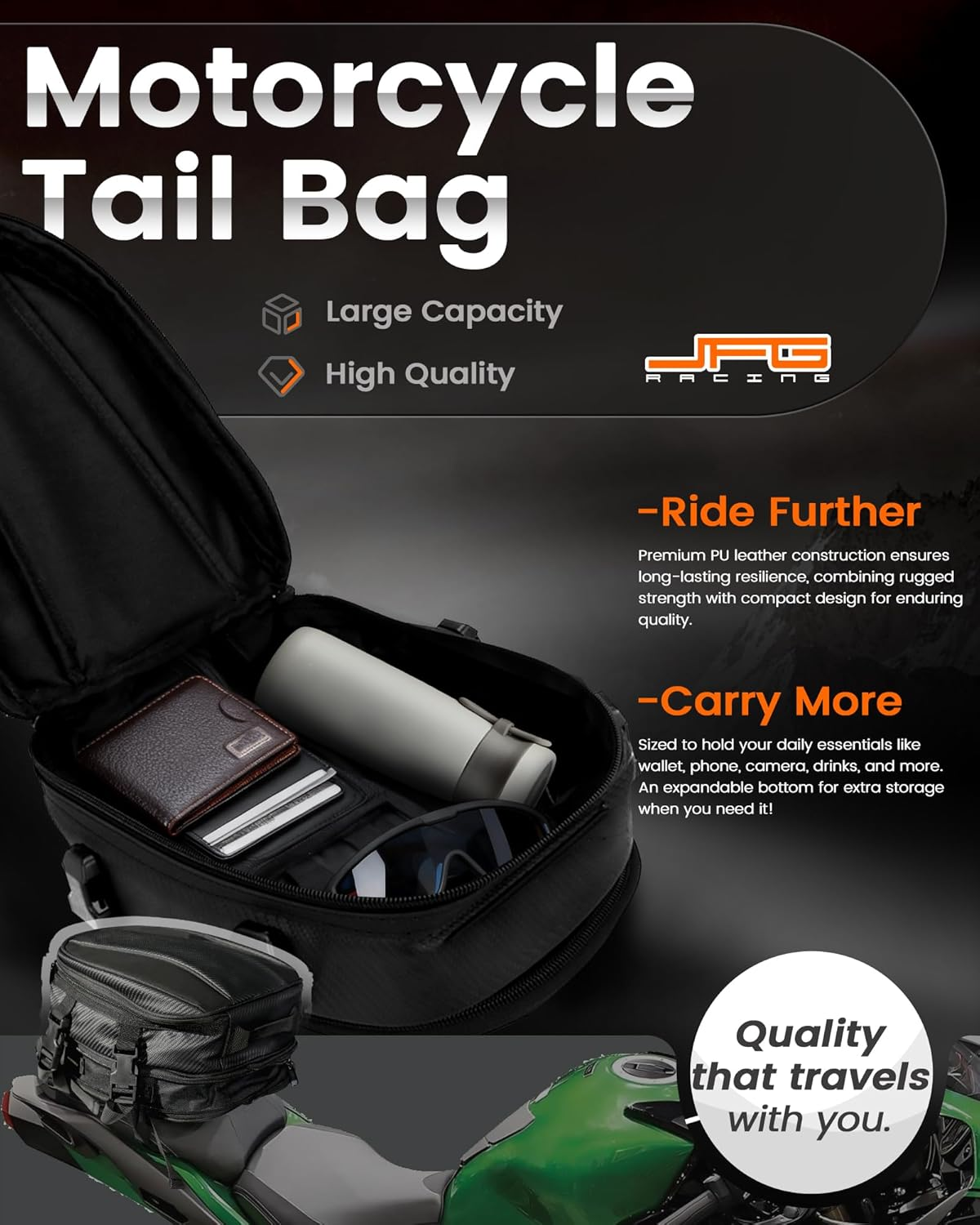 JFG Racing Motorcycle Tail Bag,Universal 11.5L Rear Seat Bag Luggage Bag Saddle Bags Multifunctional for Motorcycle Sports Dirt Bike image number 3