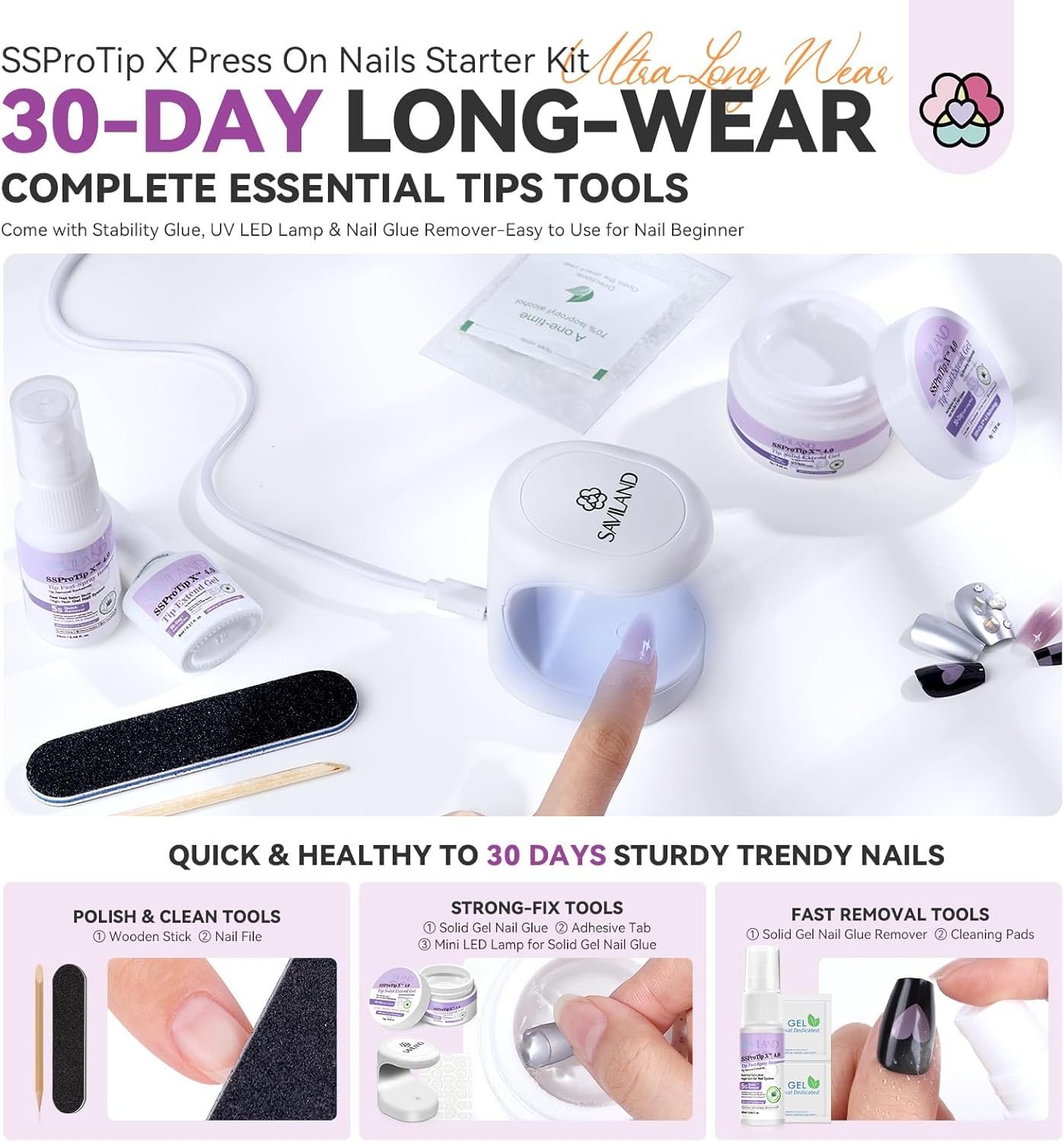 SAVILAND Naughty Heart Press-Ons Starter Kit: Long-Wear Thick 100% Acrylic Nail Tips Press on Nails Gels Nails GEL Glue Soft Gel Tips Fake Tips False Nails U V Nail Lamp Star Gift Set image number 3