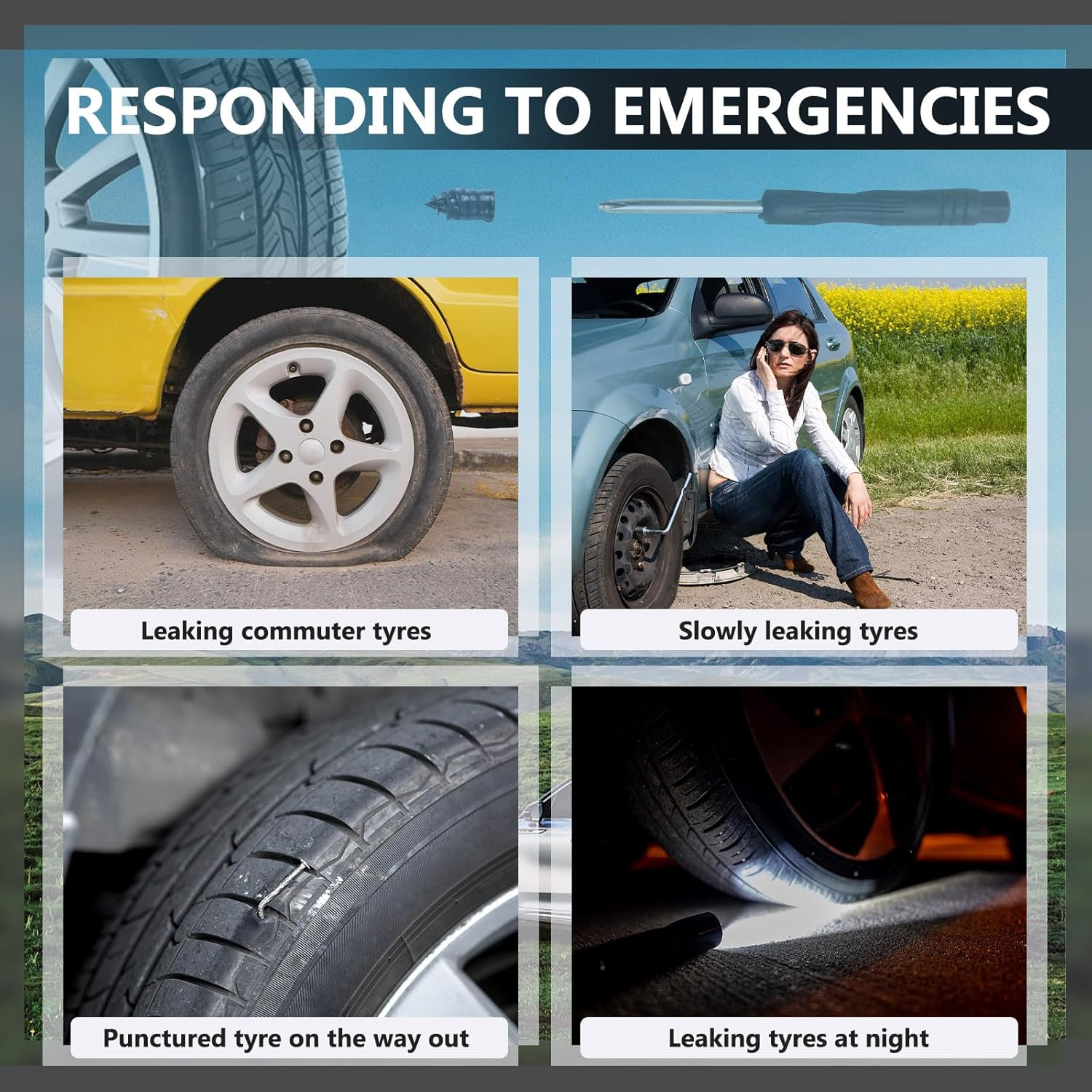 100 Pcs Car Tire Repair Rubber Nails with 2 Screwdriver, Vacuum Tire Nail Repair Kit Sidewall, Self-Service Screw in Tire Plugs for Puncture Motorcycle Flat Truck Tractor (50S & 50L)