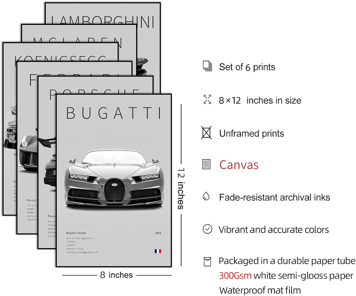 Car Canvas Poster Wall Art, Supercar Art Prints, 6Pac/Set (6 Set, 8 X 12 in Unframed) image number 3