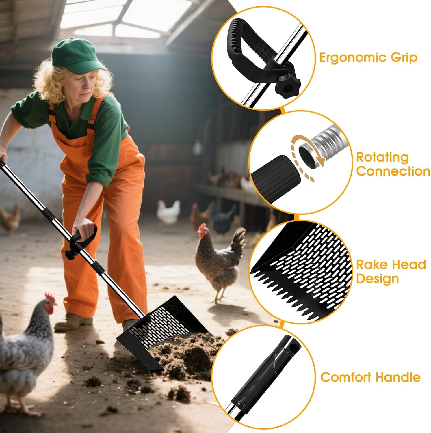 2-In-1 Chicken Poop Scooper & Rake, 10" Wide 63" Long Large Metal Chicken Coop Scooper for Sand with Ergonomic Grip, Heavy Duty Sifting Shovel Rake for Beach, Farm, Garden & Yard Waste (Black) image number 6