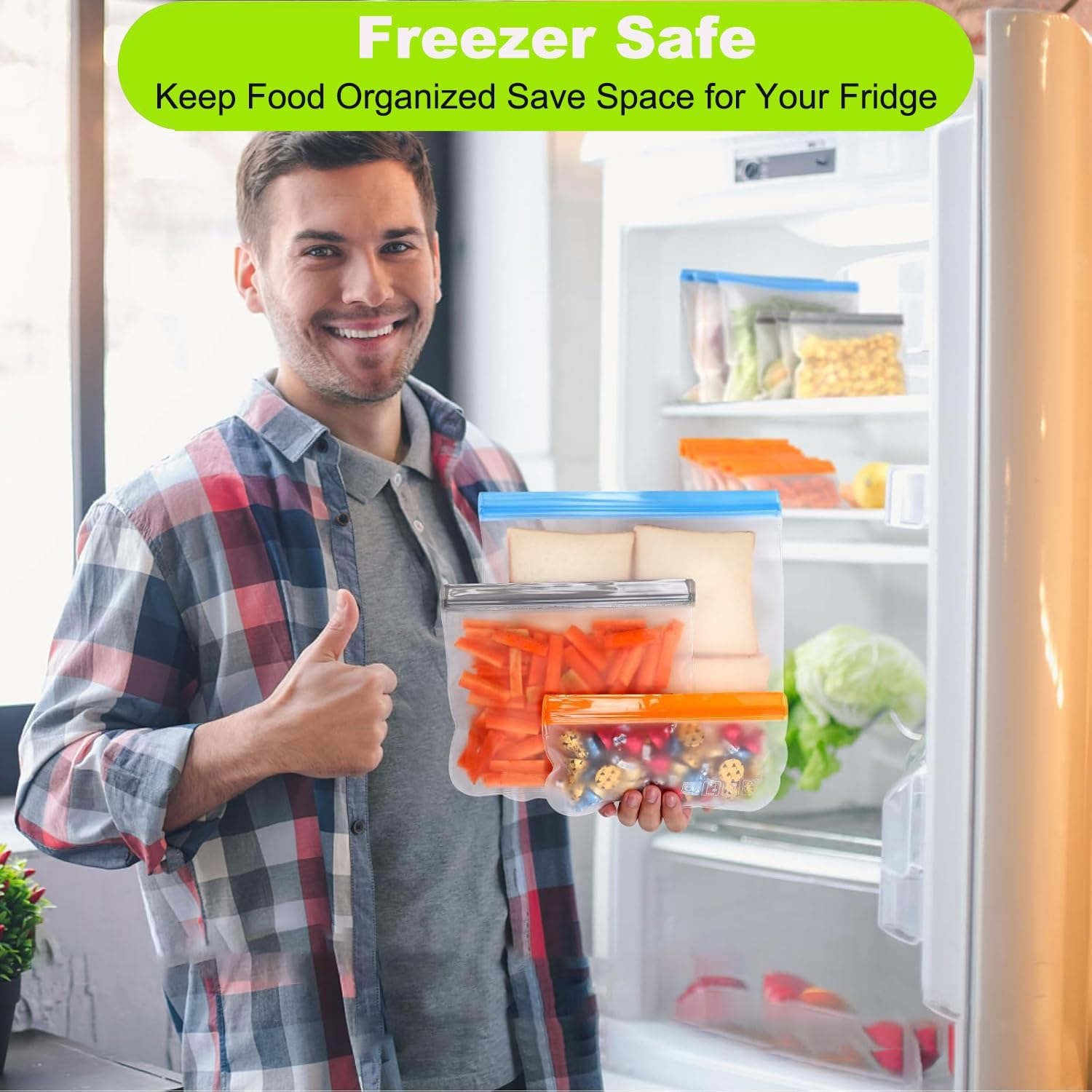 10 Pack Reusable Food Storage Bags, BPA Free PEVA Reusable Freezer Bags, Extra Thick & Leakproof, Silicone Bag with Zipper, 3 Sizes for Marinate Meats, Sandwich, Snack, Cereal, Travel Item image number 4