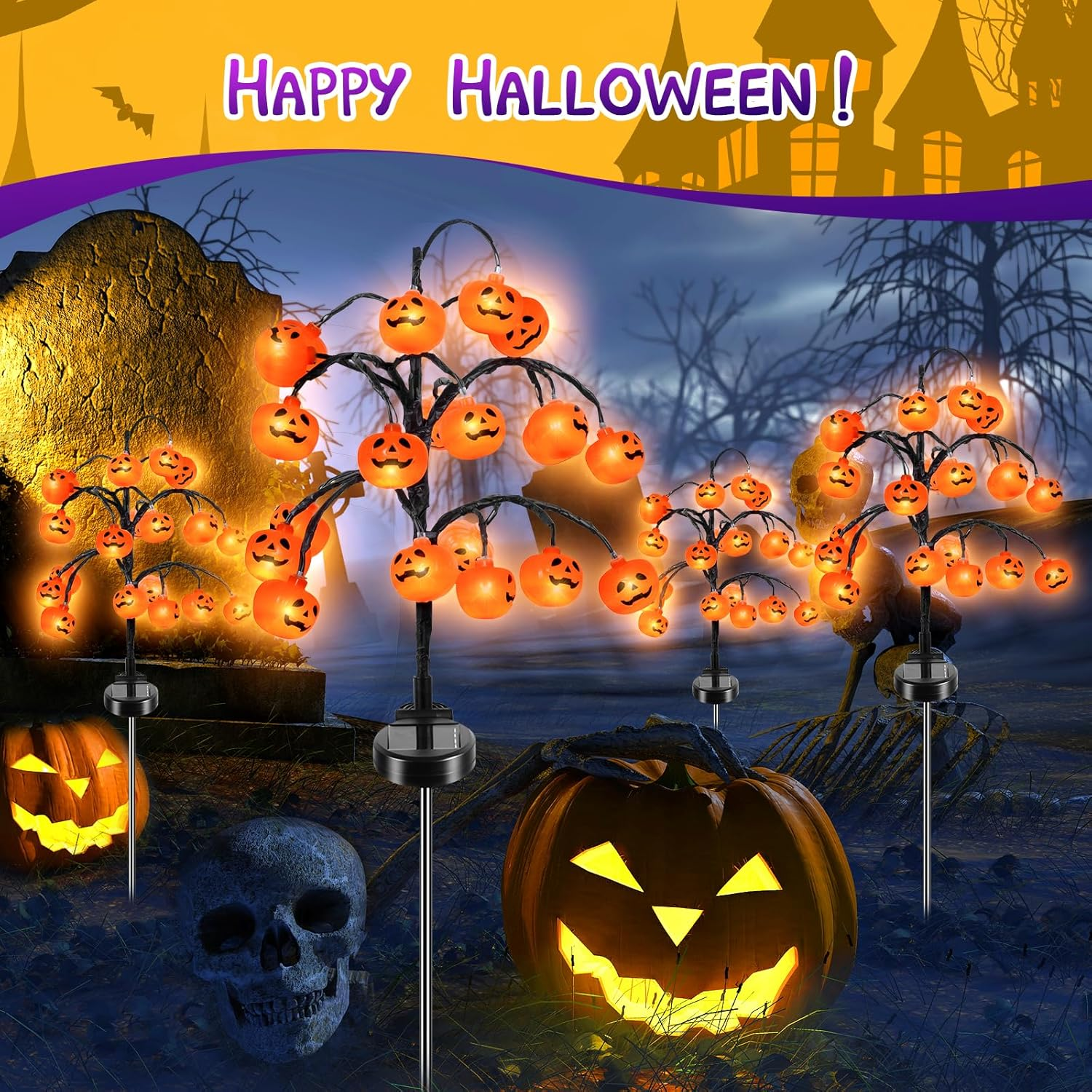 Ninonly Halloween Solar Pumpkin Lights, 2 Pack 40 LED Pumpkin for Halloween Outdoor Decoration, Waterproof Solar Garden Lights for Garden Yard Lawn Decor image number 3