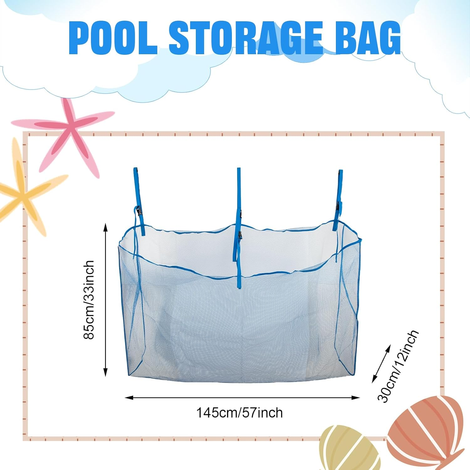 Pool Float Toys Storage Bag,Pool Float Organizer Hanging Mesh Bag for Balls,Floats,Water Inflatable Toy,High Strength Pool Toy Storage Net Bag,Swimming Pool Accessories (Blue) - Blue image number 4