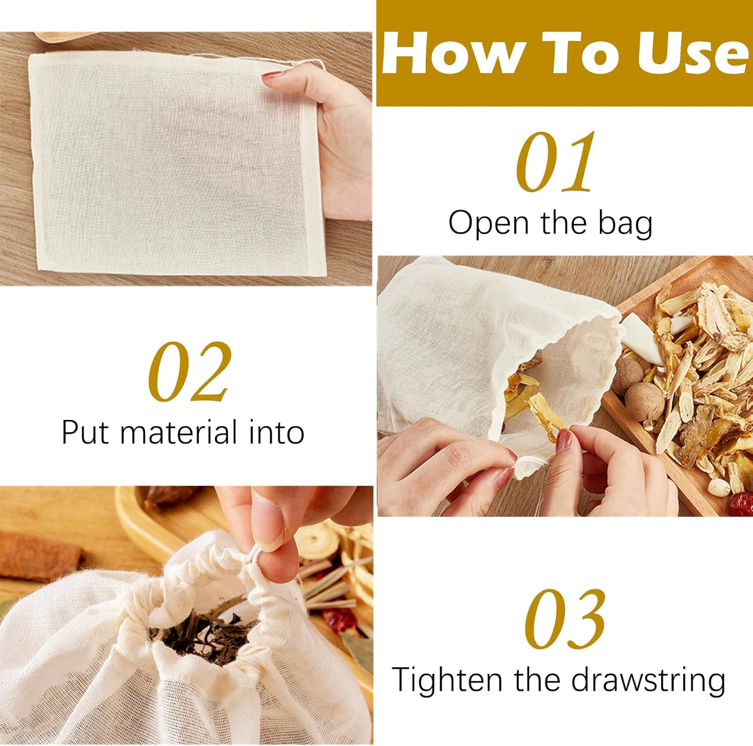 TUZAZO 24 Pack Reusable Spice Bags for Cooking, Cheesecloth Bags for Straining, Drawstring Cotton Tea Bags Soup Bags Bone Broth Brew Bags Muslin Bags (6 X 8 Inch) image number 4