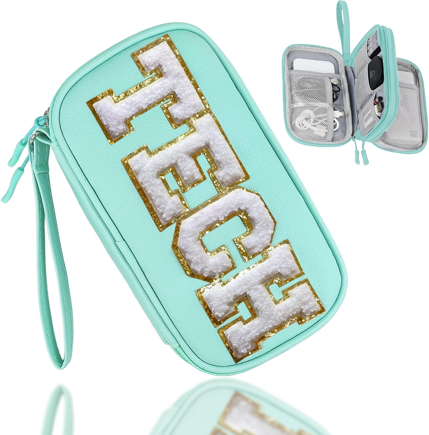COSHAYSOO Electronics Organizer Bag Travel with Chenille Letter Patch TECH Traveling Must Have Accessories Cute Personalized Gift for Women Cable Cord Charger Storage Pouch (Greenish Blue)