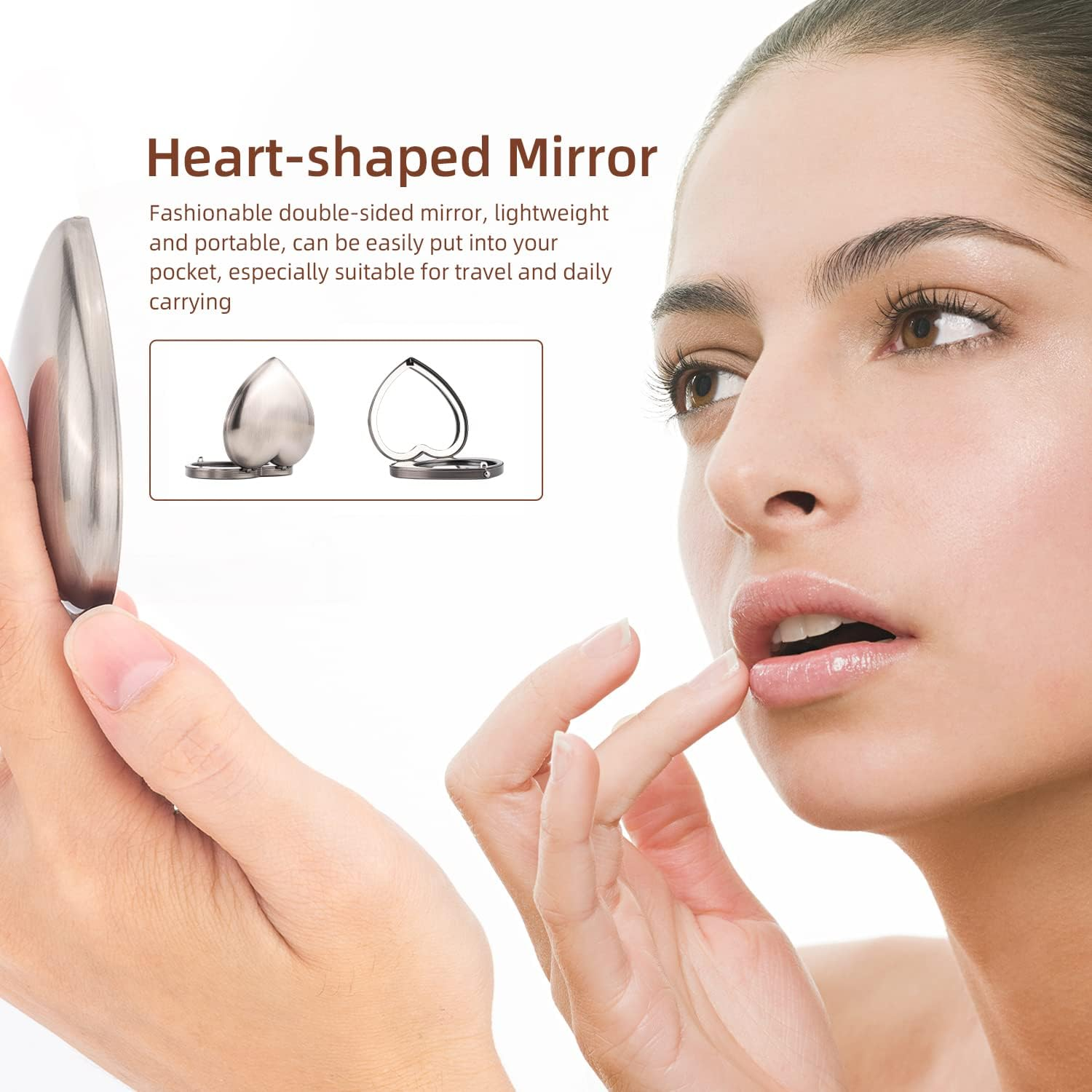 Mini Vintage Heart Elegant Makeup Mirror, Portable 1X/2X Magnifier (Silver) image number 2