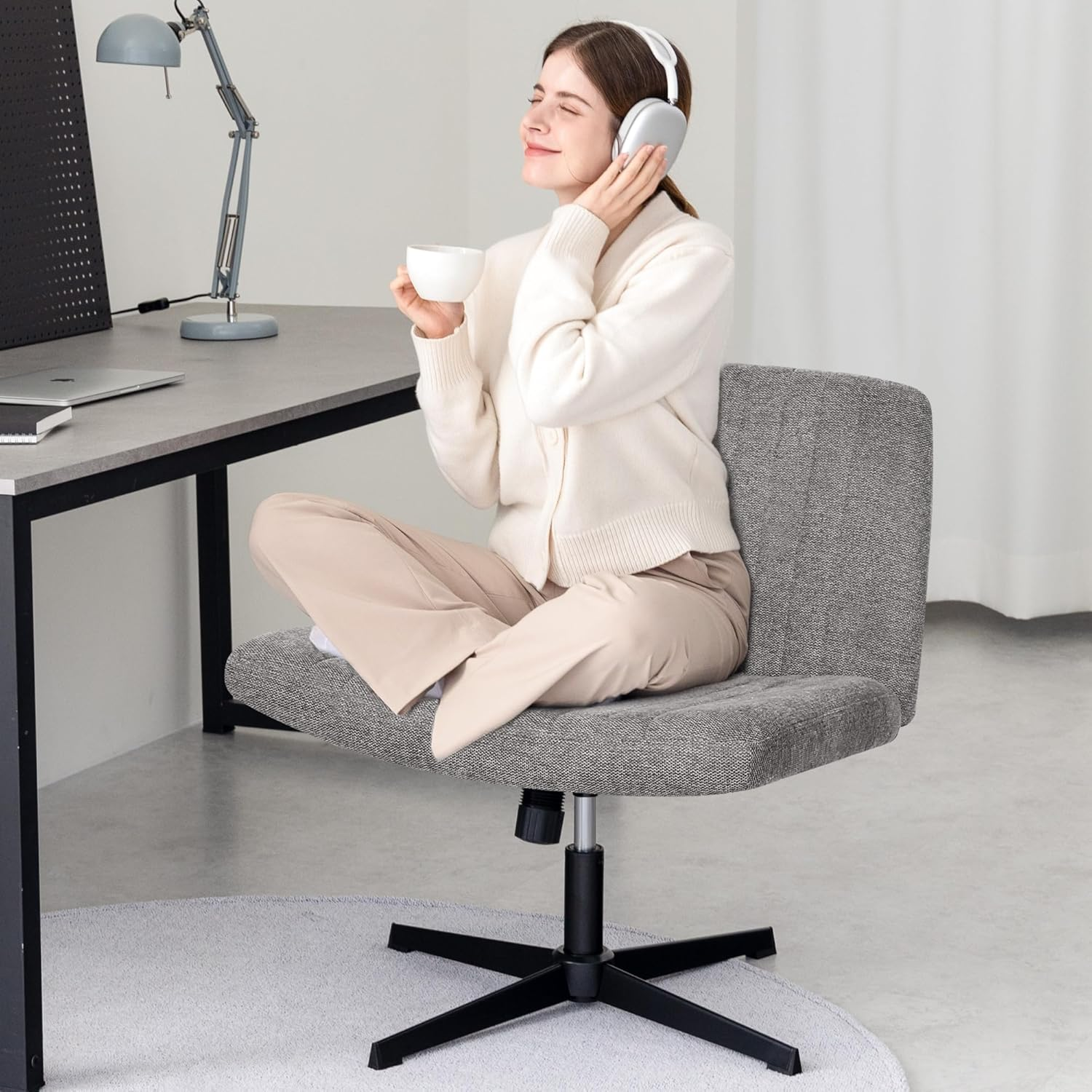 Orange Factory Criss Cross Chair No Wheel Wide Cross Legged Office Desk Vanity Chair Comfy Fabric Armless Adjustable Swivel for Home Computer Task (Gray) - Wheel Pink image number 5