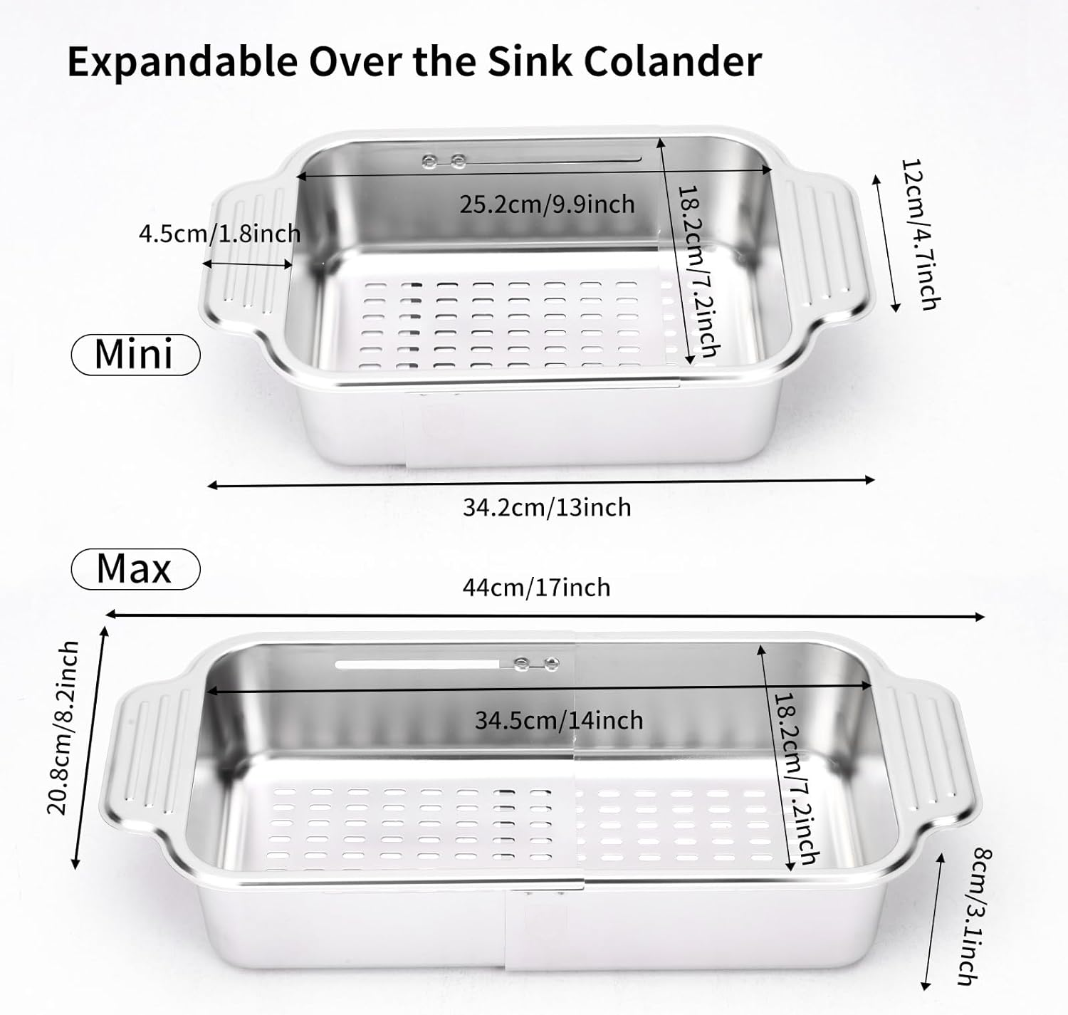 Over the Sink Colander Strainer Basket,Extendable Colander-Stainless Steel,Suitable for Wash Vegetables and Fruits, Drain Cooked Pasta and Dry Dishes, New Home Kitchen Essentials, Large image number 2