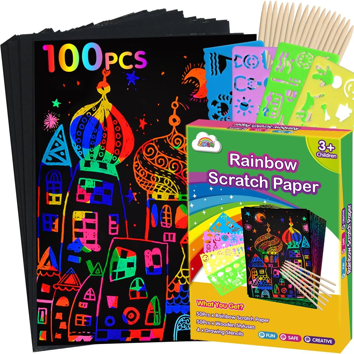 ZMLM Scratch Paper Art Set: 60Pcs Magic Drawing Art Craft Kid Black Scratch off Paper Supply Kit Toddler Preschool Learning Bulk Toy for Age 3 4 5 6 7 8 9 10 Girl Boy Christmas Birthday Party Gift image number 6