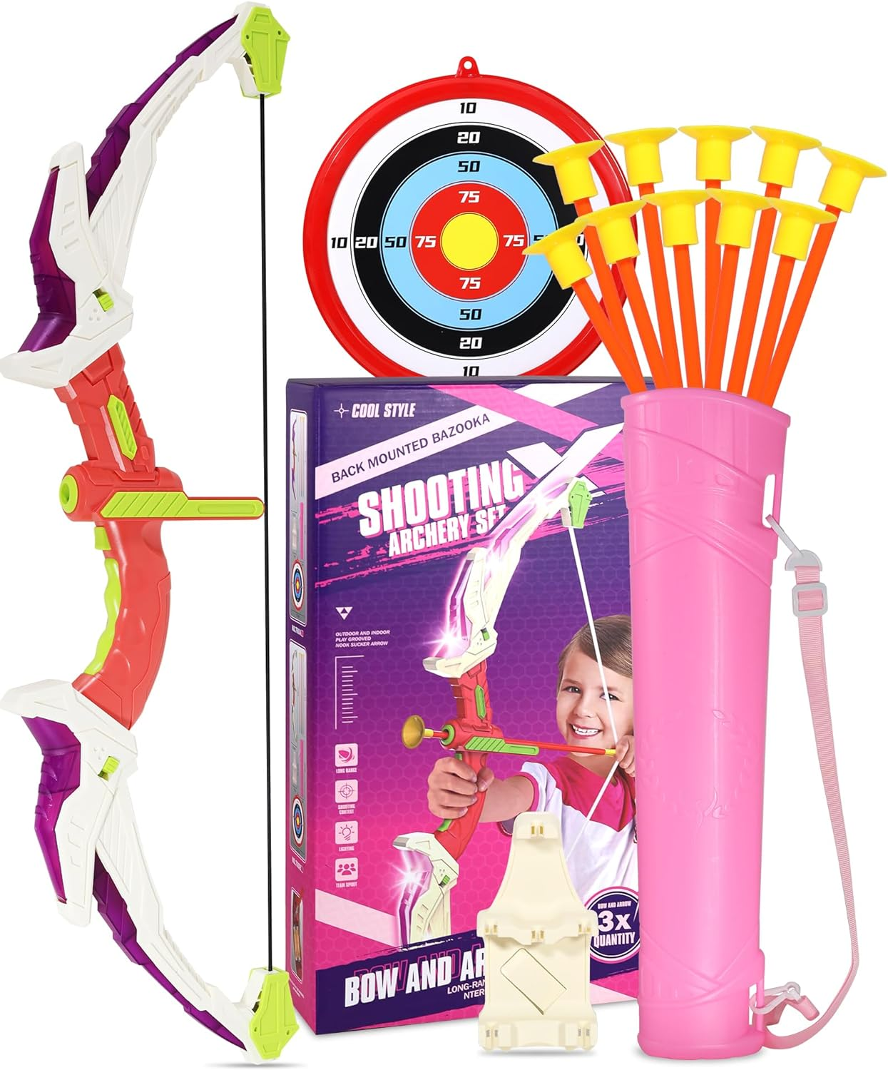 Kids Bow and Arrow Set, LED Light up Archery Toy Set, 10 Suction Cup Arrows, Target & Quiver, Indoor and Outdoor Kids Toys for Children Boys Girls, Christmas Birthday Gifts for Kids image number 1