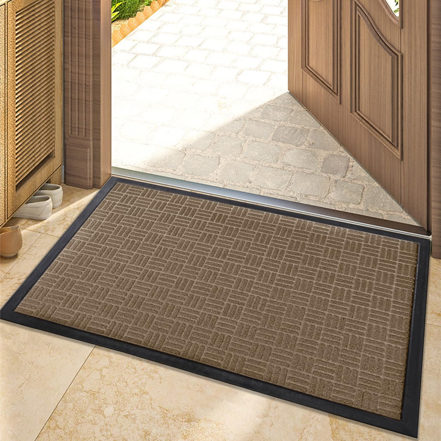 Door Mats Outdoor Indoor, Heavy Duty Non Slip Welcome Mats for Front Door, Easy Clean outside Doormats for Outdoor Entrance Home Entry Mat, Patio Waterpoor Rubber Door Mat, 45X70CM Brown image number 4