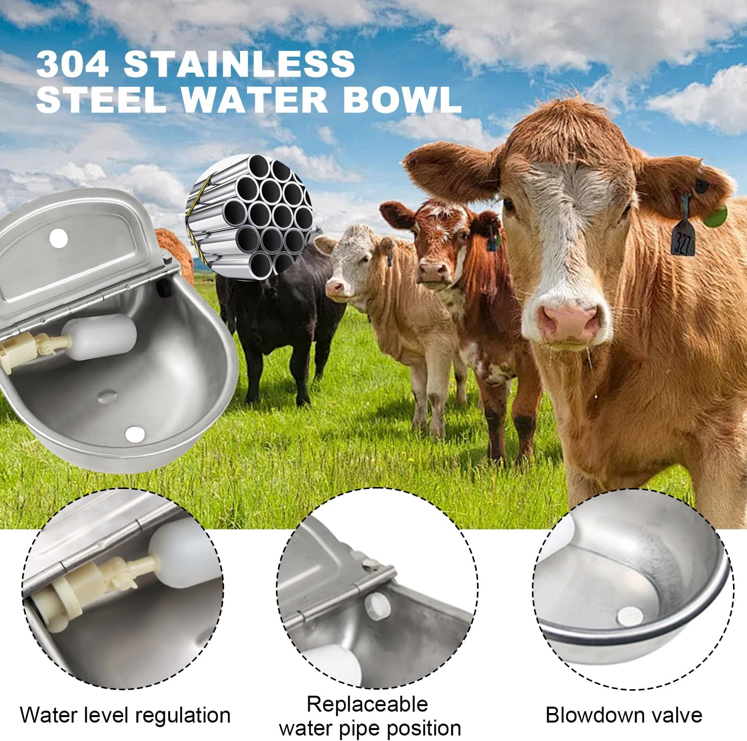 Automatic Livestock Waterer, 2.5L Durable Cattle Automatic Water Bowl-Dog Water Dispenser, 304 Stainless Steel Auto-Filling Waterer for Horses Sheep Cow Needed Farm Animal Waterer with Drainage image number 2