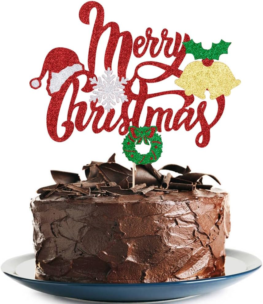 Merry Christmas Cake Toppers Glitter Christmas Eve Xmas Cupcake Picks for Celebrating Merry Christmas Theme New Year Holiday Party Cake Decorations Supplies ﻿ (Merry Christmas （Small Bell）)