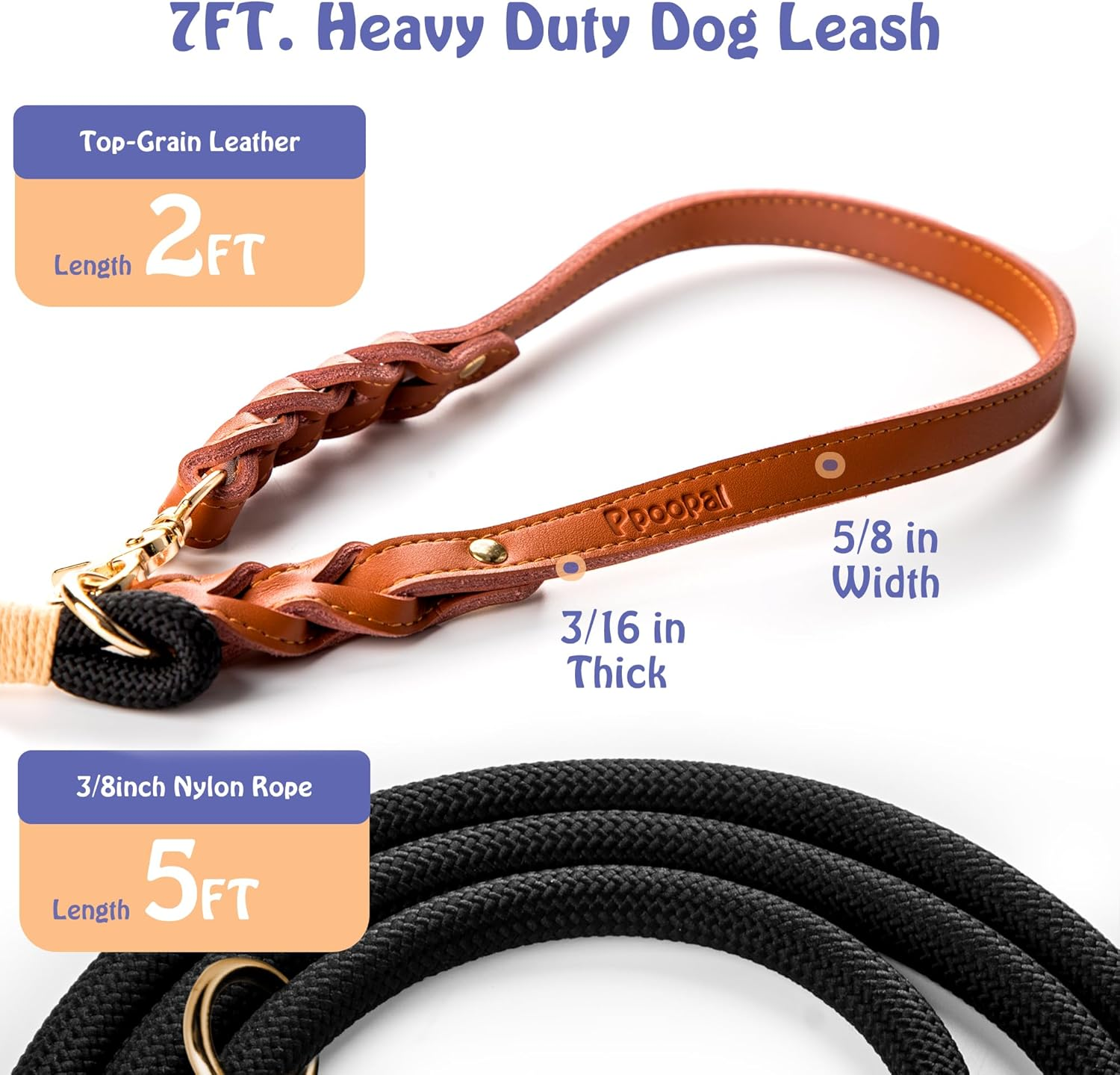 Premium Dog Leash 7FT Adjustable Rope Lead with Full Grain Leather Handle &ndash; Heavy Duty 10Mm Nylon Leash for Medium to Large Dogs, Comfortable Control for Daily Walking & Training