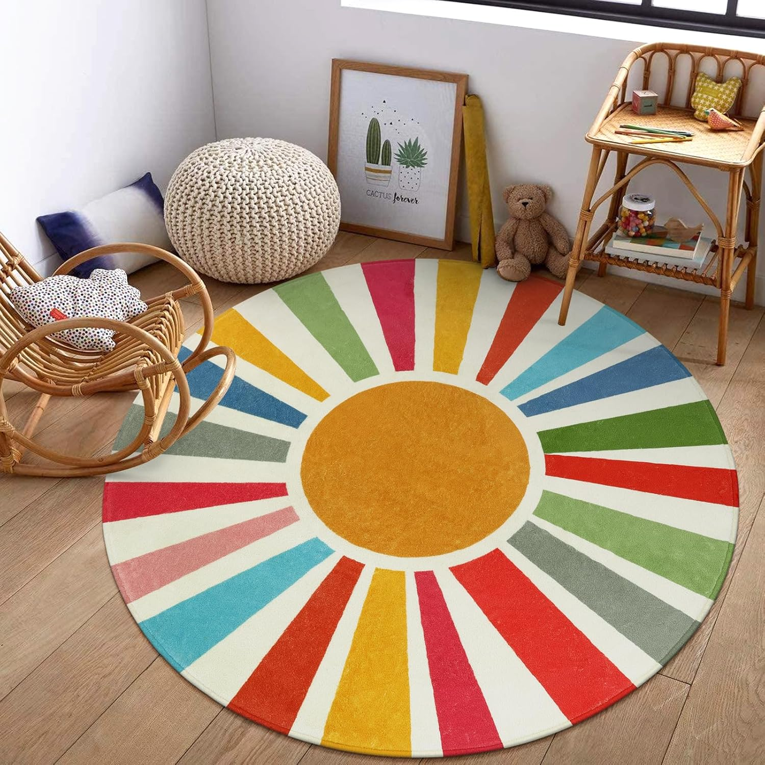 STARUIA Boho Sun round Area Rug, 6'X6', Monet, Living Room, Nursery, Playroom, Non-Slip, Washable
