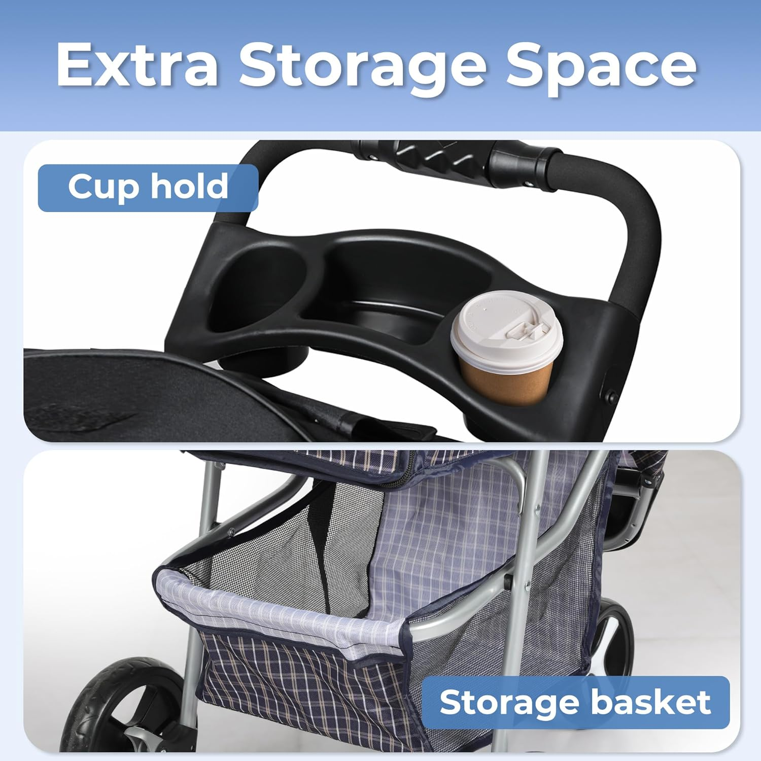 Pawz Large Pet Stroller Dog Cat Carrier Travel Pushchair Foldable Pram 4 Wheels, Travel Pet Pram with Seat Belts Buckle, Removable Cushion Dog Car Seat, Puppy Pushchair with Coffee Cup Holder image number 2