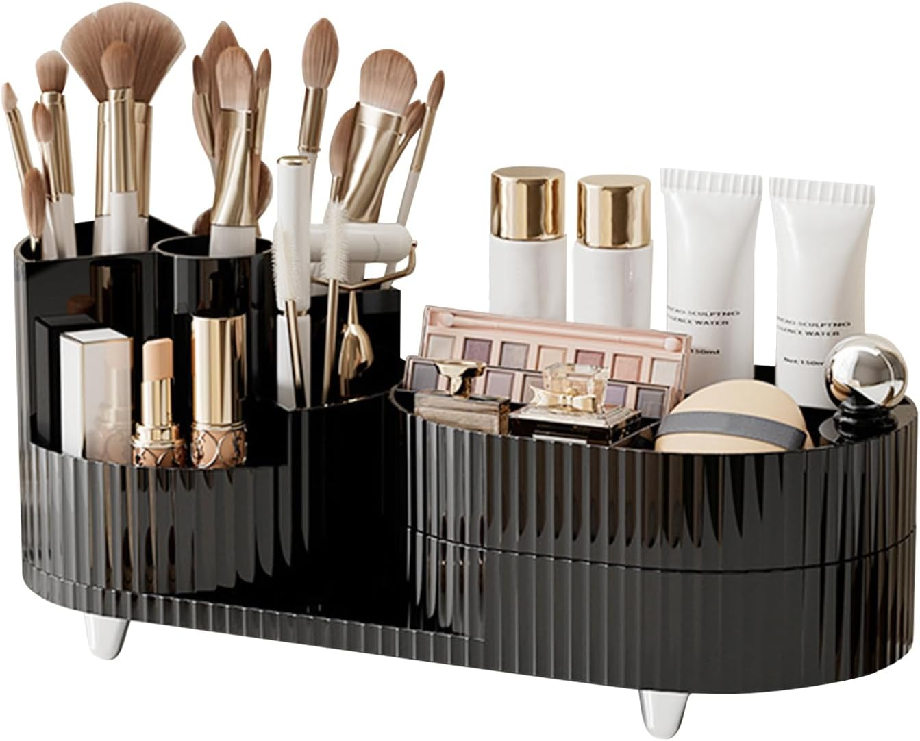 DASITON Makeup Organizer Countertop,360&deg; Rotating Makeup Brush Holder Organizer,Large Capacity Cosmetic Display Case with Drawers,Makeup Storage Organizer for Vanity,Desktop,Bathroom(Cream 02)