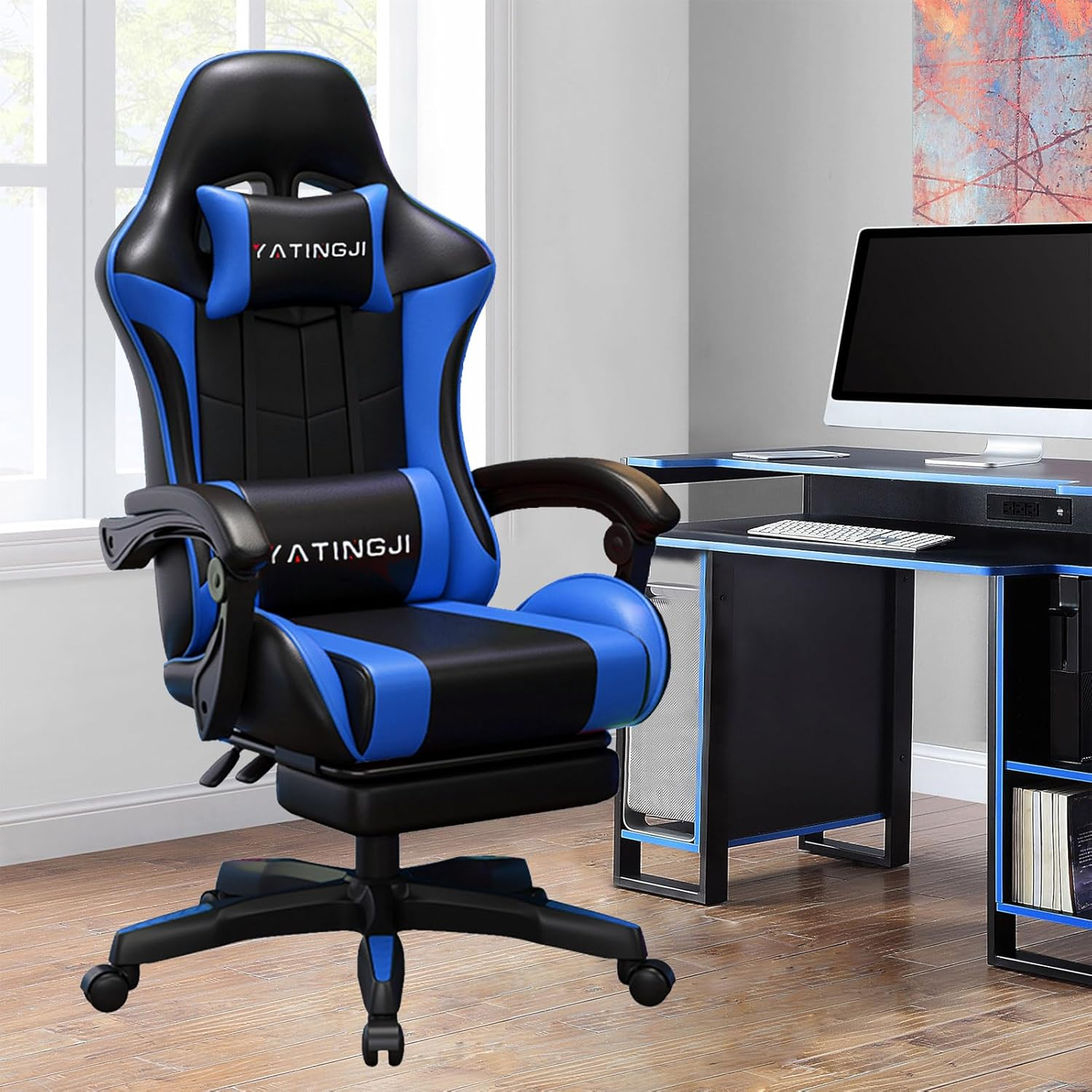 Gaming Chair,With Head Cushion,Height Adjustable,Pu Leather Racing-Style Executive Seat,Reclining Capability,Suitable for Office Chair (Pink and White with Head Cushion)