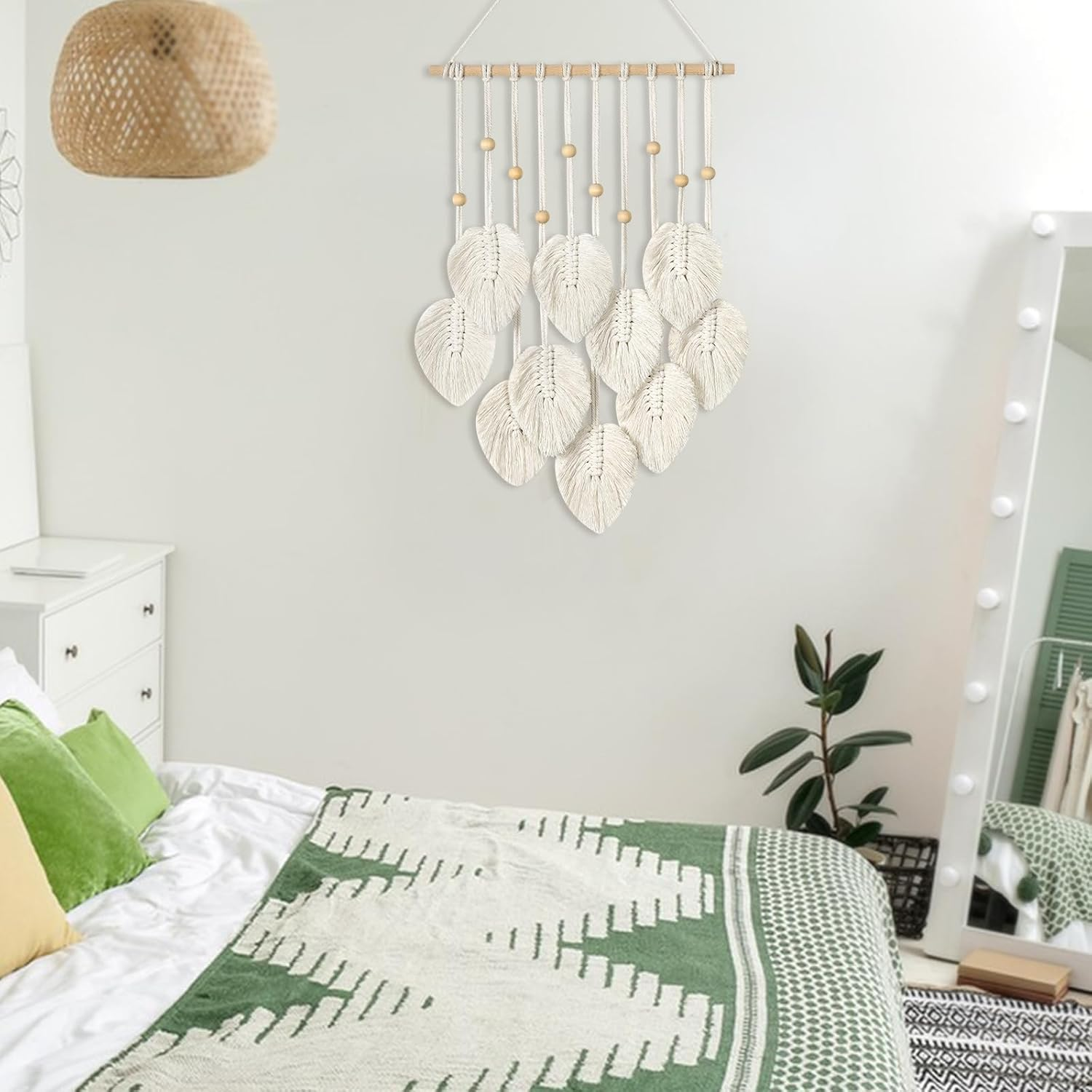 Betylifoy Macrame Wall Hanging Boho Wall Decor Macrame Tapestry Handmade Woven Leaves Tapestry Wall Art Decor Chic Home Decor for Nursery Bedroom Living Room (Beige) - Green image number 7
