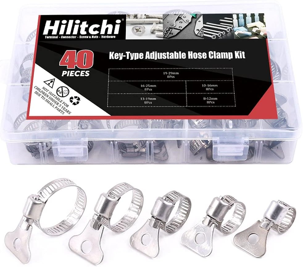 Hilitchi 40-Pcs 8-29Mm Clamping Range Butterfly Key-Type Adjustable Hose Pipe Worm Gear Clamps Assortment Kit, Clamps Ideal for Plumbing, Automotive - - 304 Stainless Steel image number 3