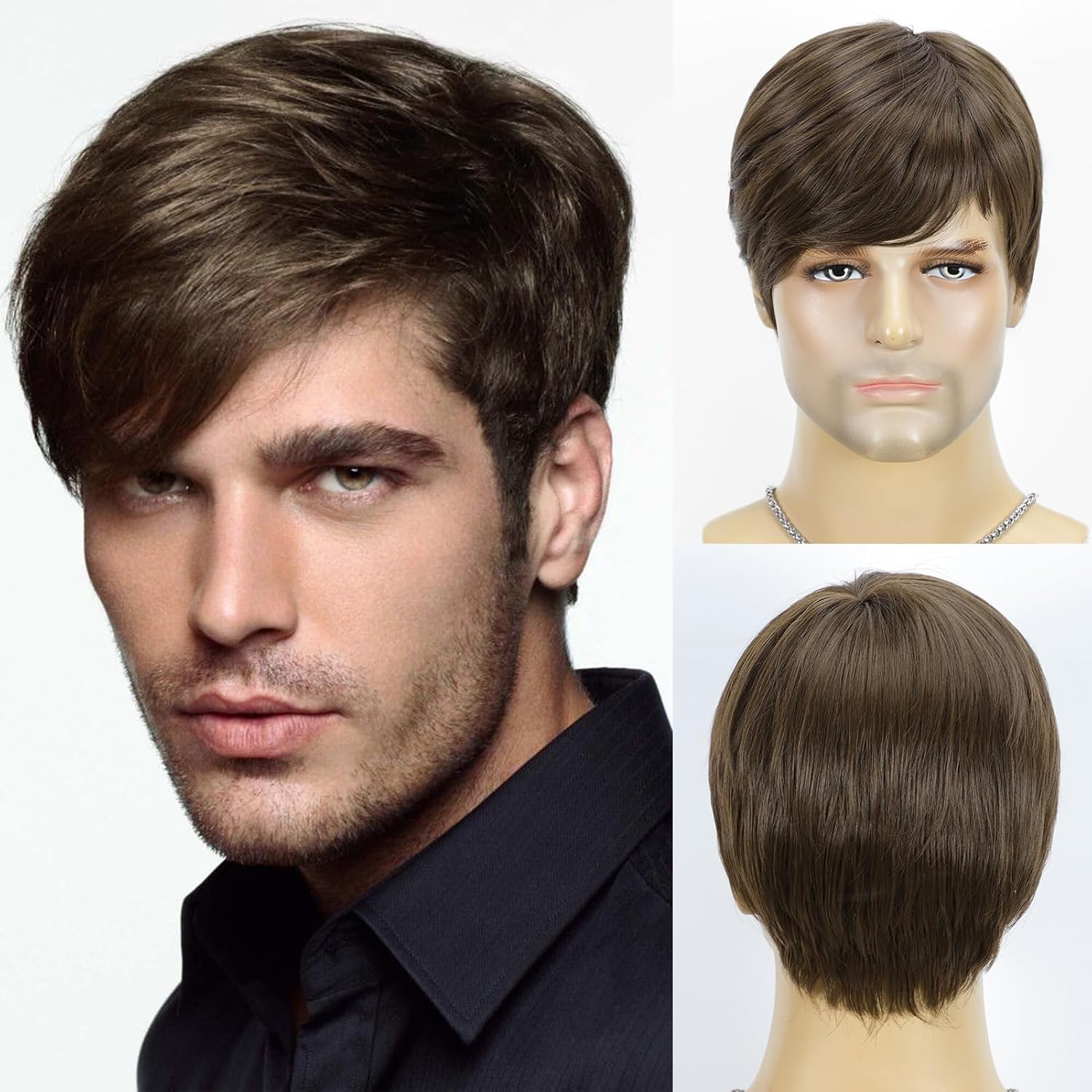 Short Straight Synthetic Wig for Men Male Hair Fleeciness Realistic Brown Mix Natural Full Wigs Yanyu - Brown image number 4