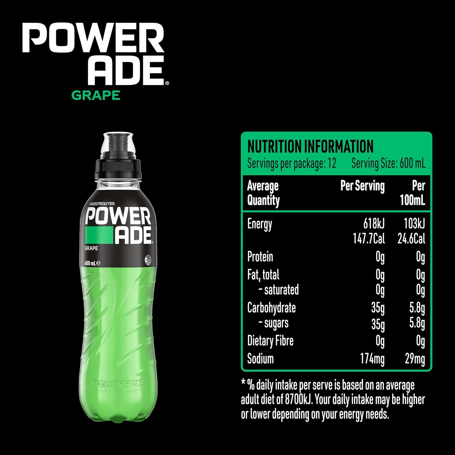 Powerade ION4 Grape Sports Drink Sipper Cap Multipack Bottles 12 X 600Ml image number 5