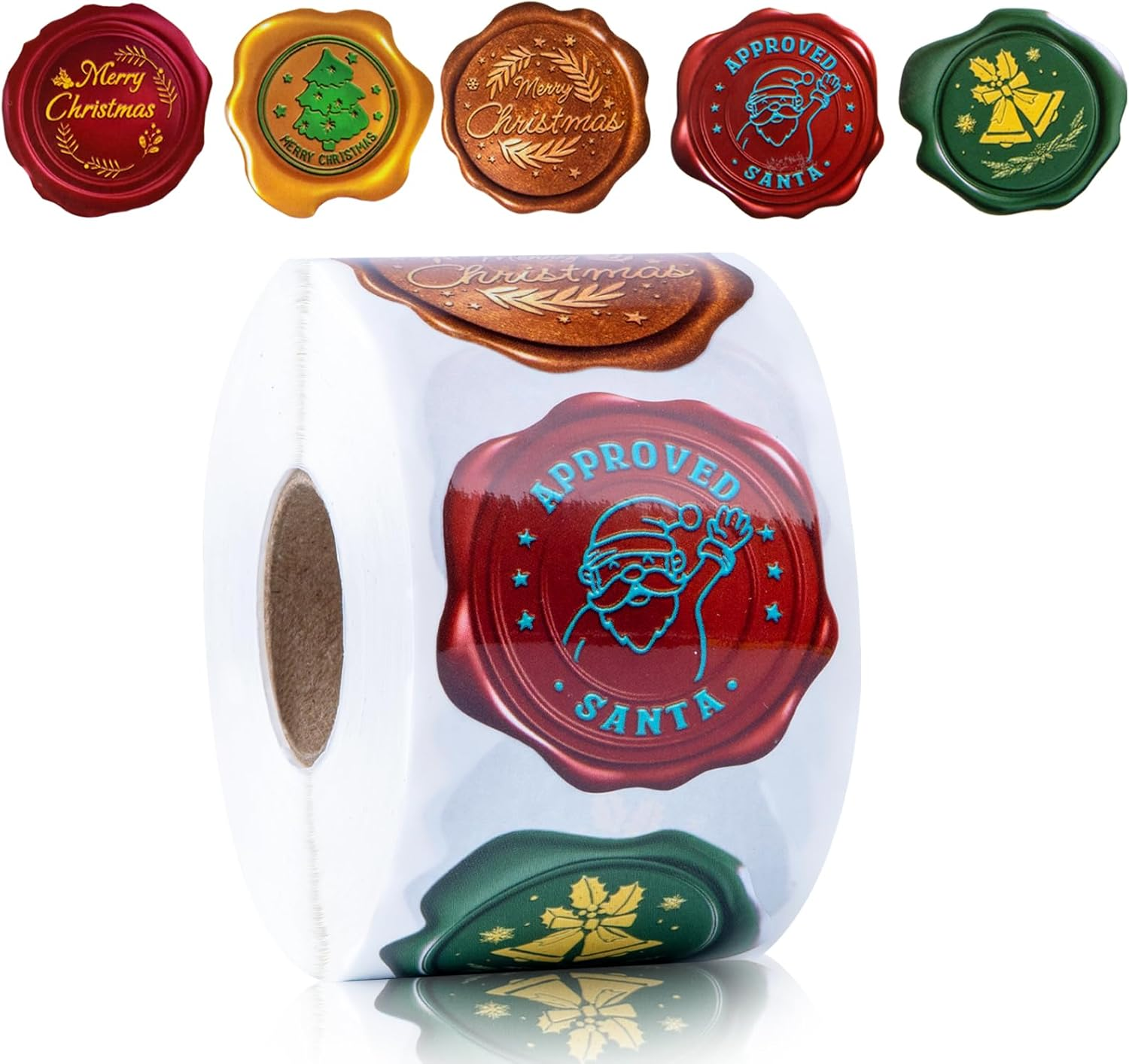 Christmas Wax Seal Sticker Roll - 500-Count Self-Adhesive Vintage Christmas Seals for Envelopes, Gift Wrapping, Cards, and Holiday Decor - Includes Santa, Christmas Tree, Bells & More Festive Designs image number 2