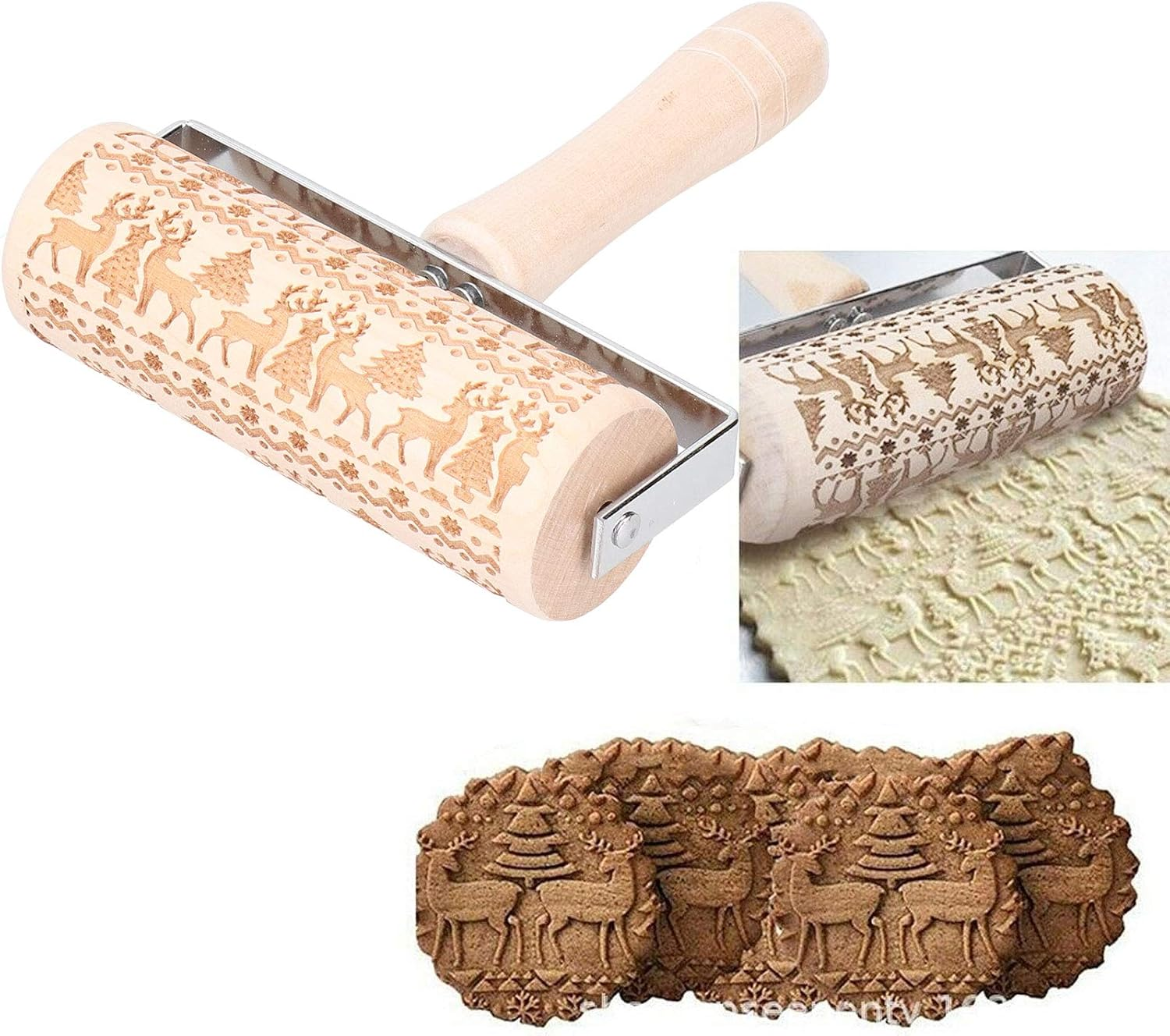 Christmas Wooden Rolling Pin for Baking, Engraved Embossing Rolling Pin Cookie Stamps Roller Grid Cookies Kitchen Decor Tools for Baking Embossed Cookies image number 3