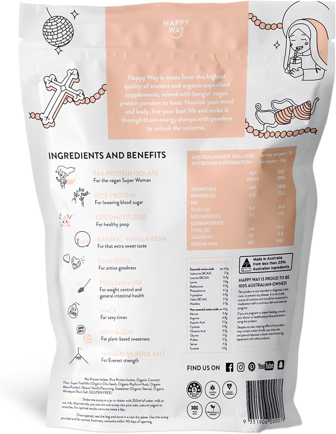 HAPPY WAY like a Vegan Pea Vanilla Vegan Protein Powder - 500G | Creamy and Subtle Vanilla Flavour | Supports Toning & Muscle Recovery | Ideal for Shakes, Smoothies & Healthy Recipes