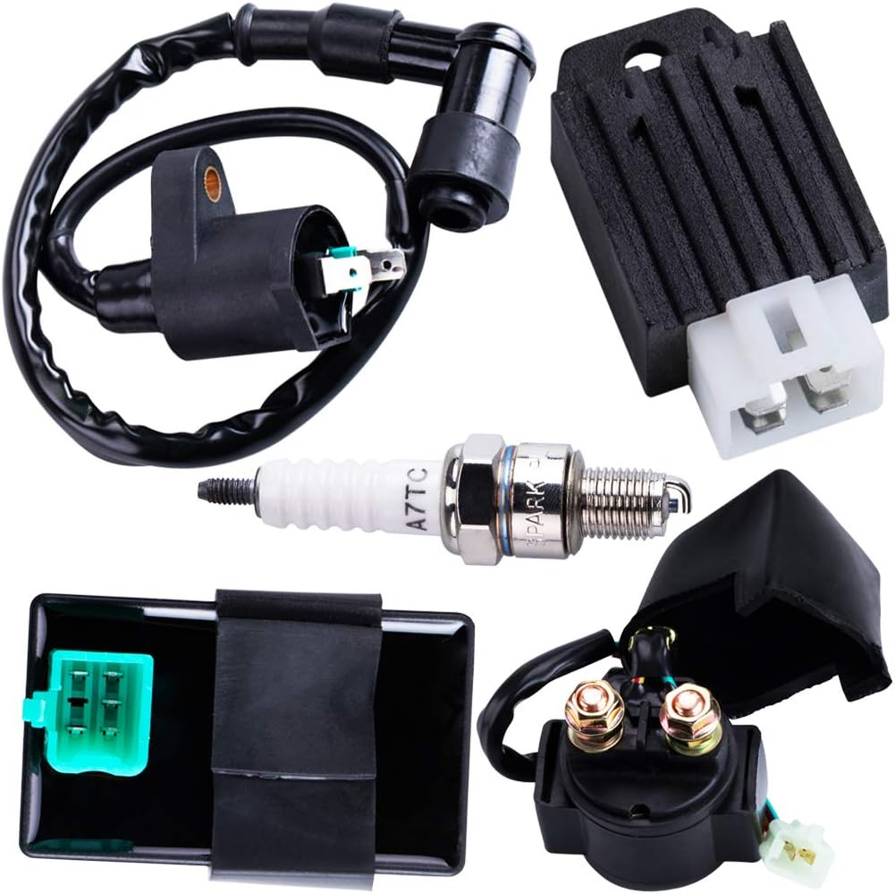 CDI Box Ignition Coil Solenoid Relay Voltage Regulator with Spark Plug Set of Five(5) for 50Cc 70Cc 90Cc 110Cc 125Cc ATV Dirt Bike and Go Kart image number 3