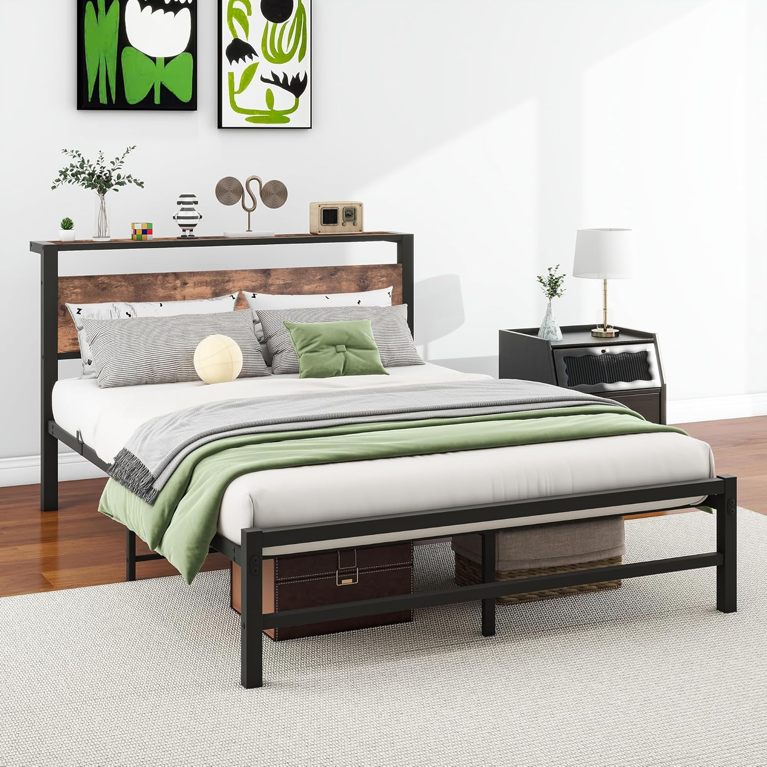Double Size Metal Platform Bed Frame with Storage Headboard, Bed Frame Double Size No Box Spring Needed, Sturdy Steel Slat, Easy Assembly, Non-Slip Noise Free image number 2