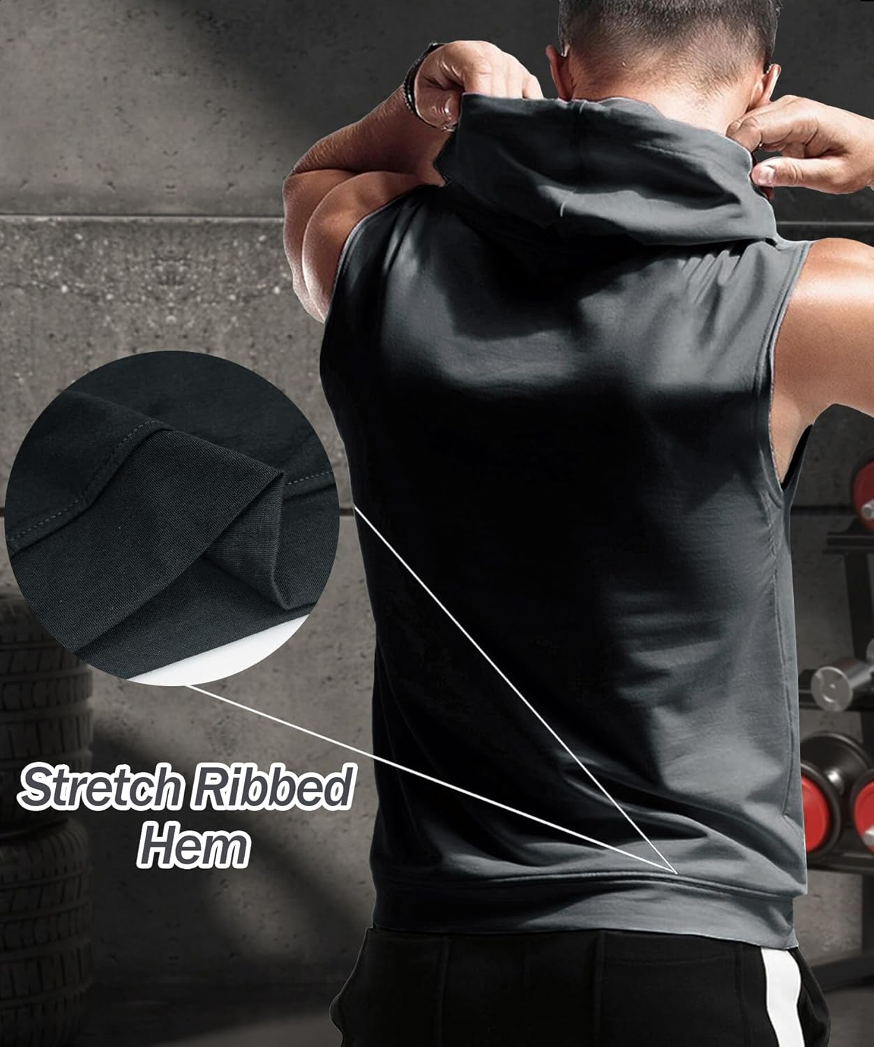 FEOYA Men'S Hooded Tank Tops Sleeveless T-Shirts Gym Vests Top Breathable Quick Dry for Workout Running Bodybuilding Athletic Sport Shirts Drawstring Sweatshirt with Pockets image number 4