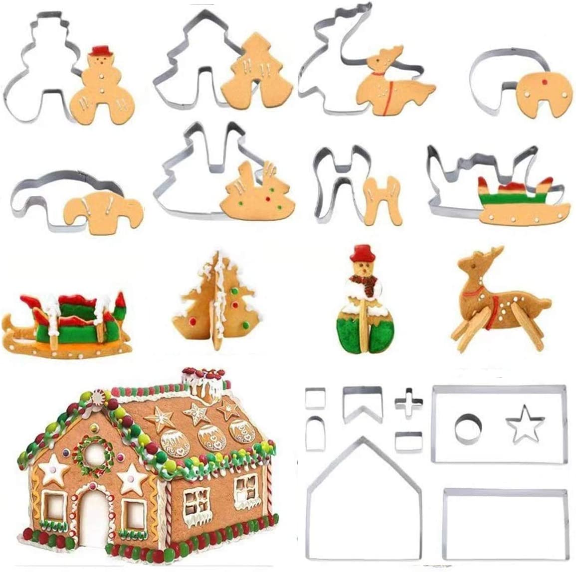 18 PCS Gingerbread House Cookie Cutter Set, 3D Stainless Steel Christmas House Fondant Cutter Kit, Including Christmas Tree, Snowman, Reindeer, Sled Shapes, Gift Box image number 4