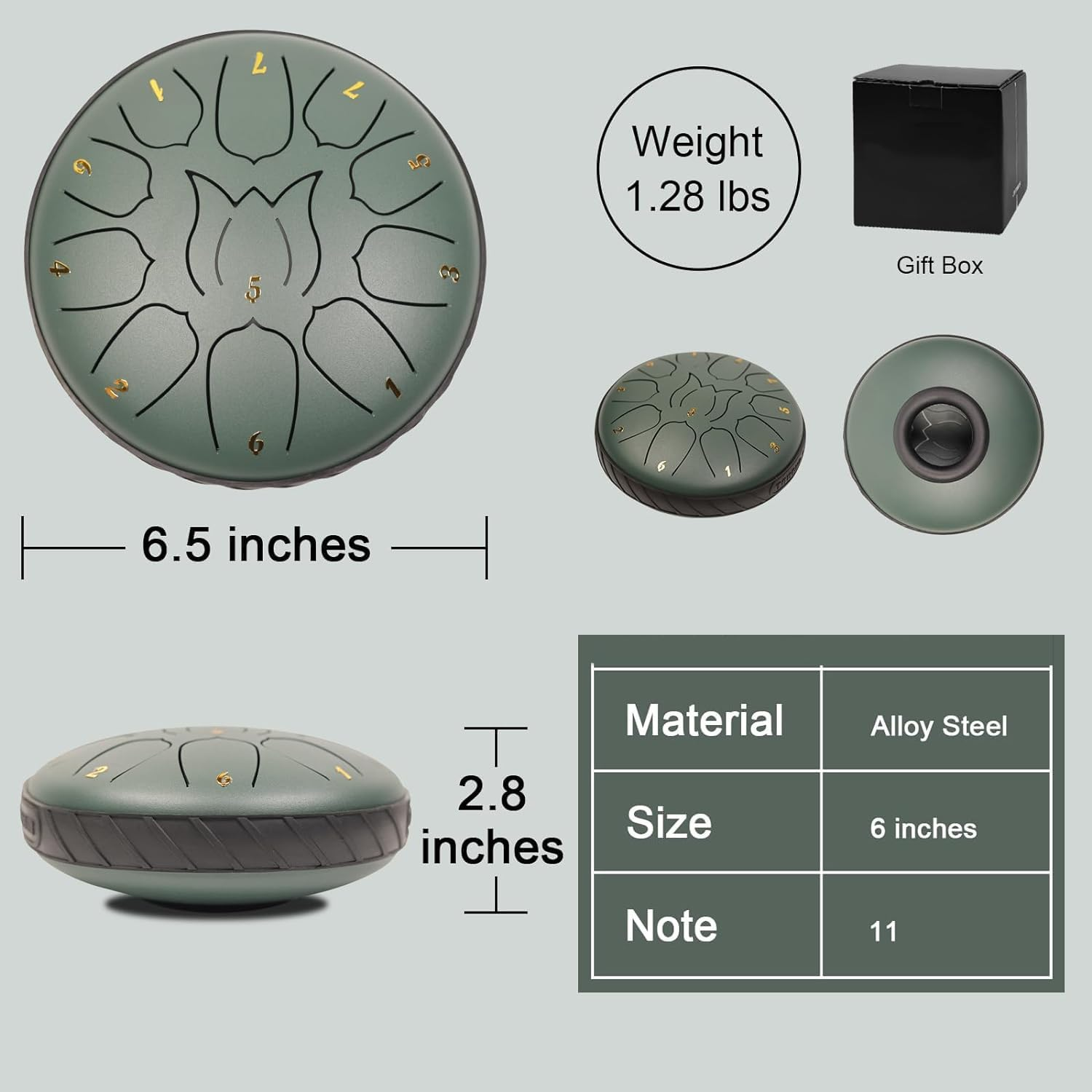 Steel Tongue Drum 11 Notes 6 Inches Tongue Drum Handpan Drum Percussion for Meditation Yoga Musical Education Adult& Kids (Lotus Green) image number 3