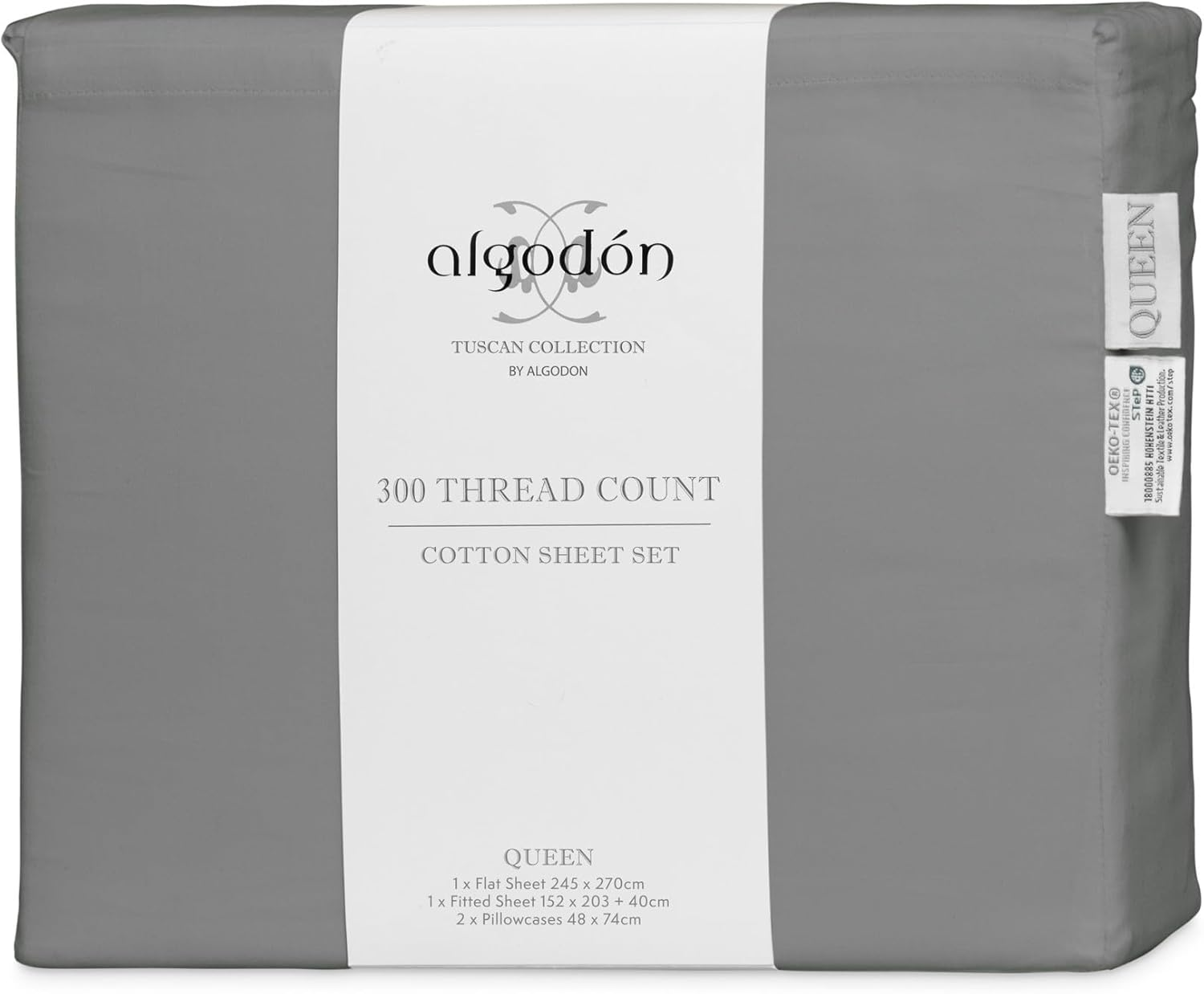 Algodon 300TC Cotton Bed Sheet Set with Pillowcases, Silver, King