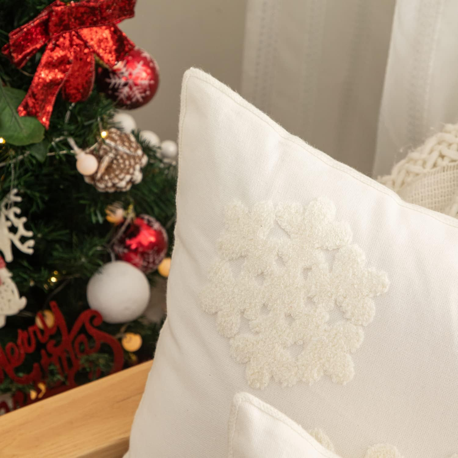18X18,Cotton Christmas Blessing Throw Pillow Cover for Bed Sofa Cushion Car Snowflake Embroideried Pillowcases,1Pair White - Red image number 5