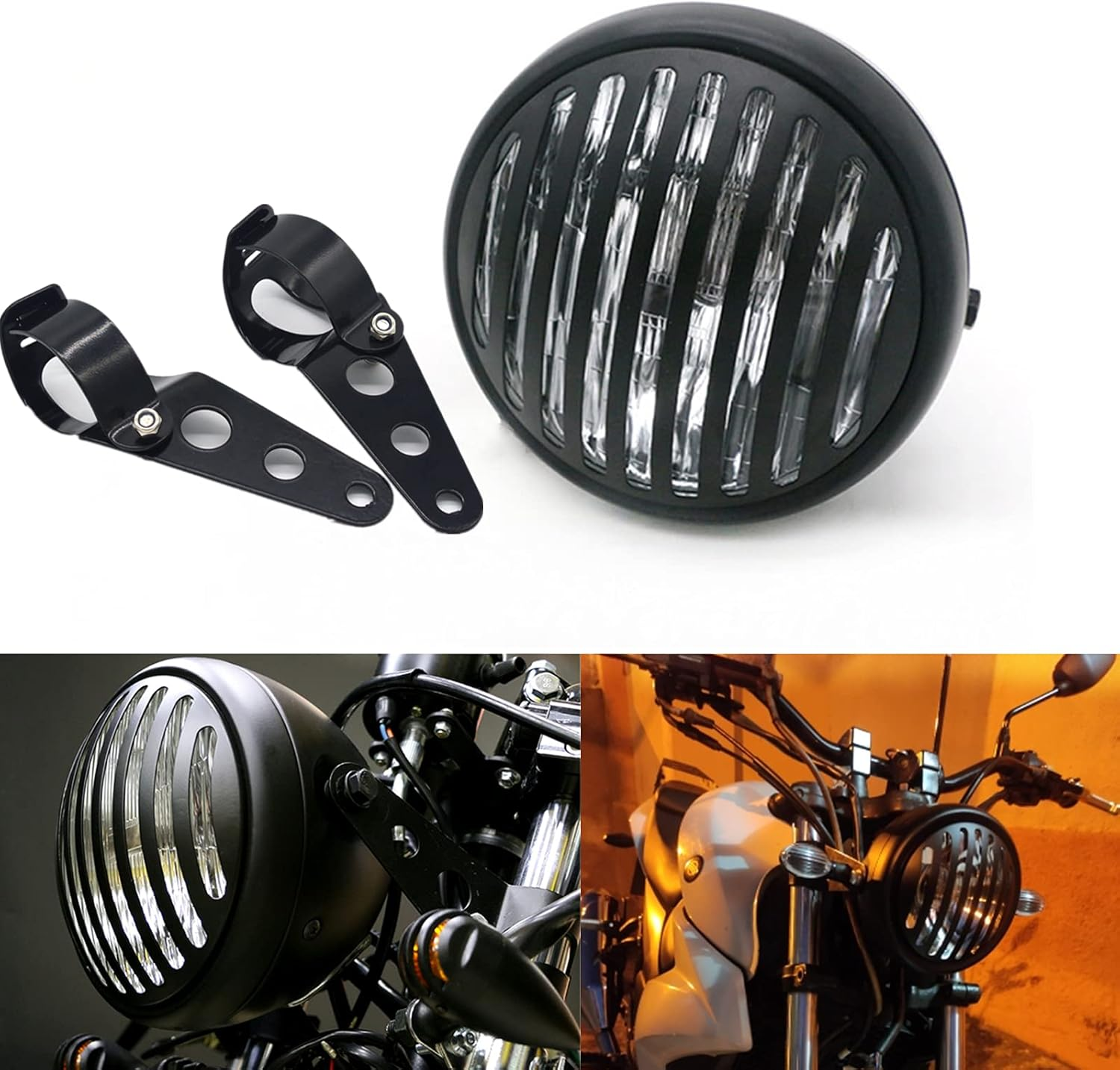 7" round Motorcycle Headlight with Custom Grille Cover and Bracket Assembly, Black Retro Universal Motorbike Front Headlamp for Softail Street Glide Chopper Cruiser CG125 image number 4