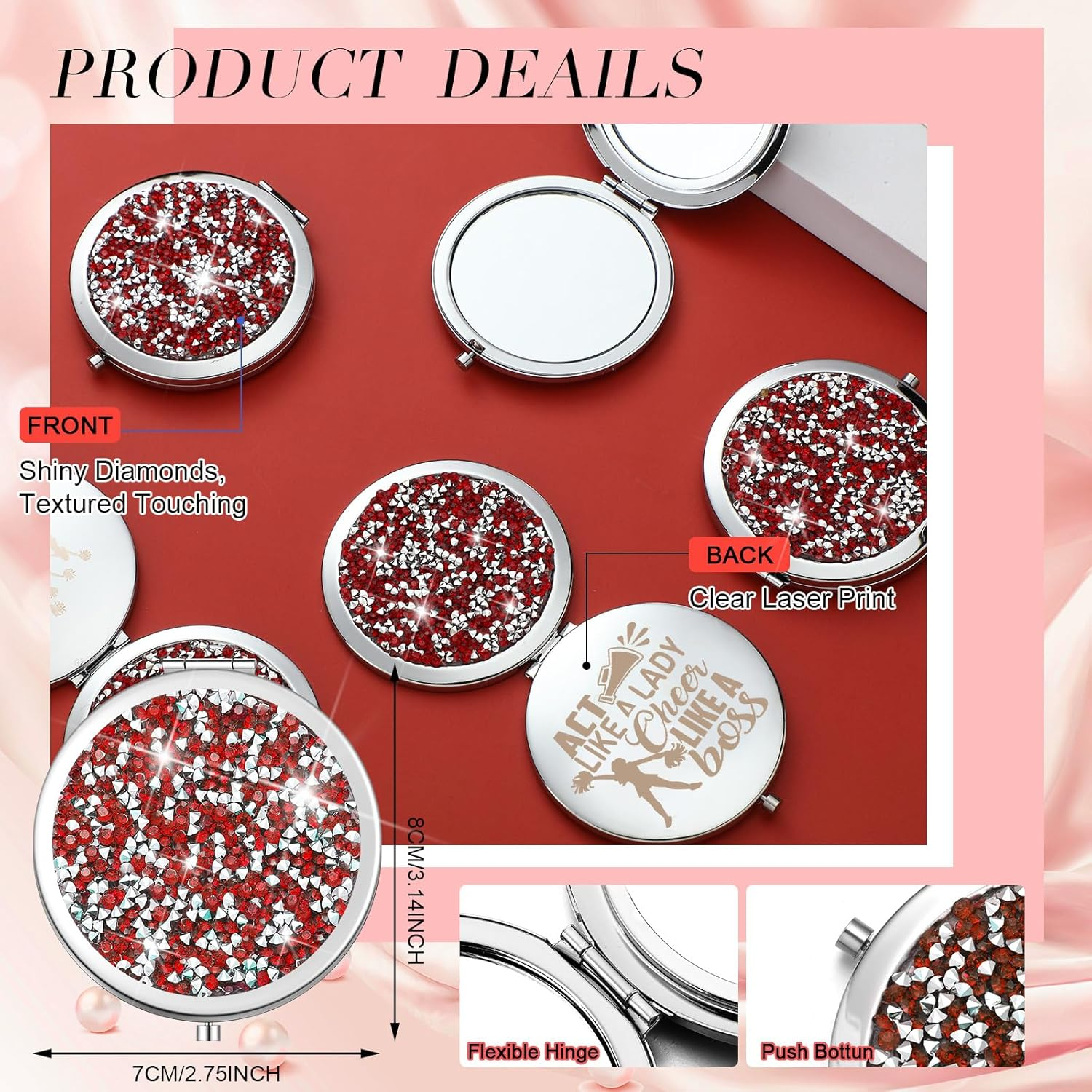 Sintuff 12 Pcs Cheer Gifts for Cheerleaders Cheerleading Compact Mirror Bulk Cheer for Coach Cheerleader Gifts Folding Pocket Cosmetic Purse Mirror for Cheer Team Mirror Accessories (Red, Silver) image number 5