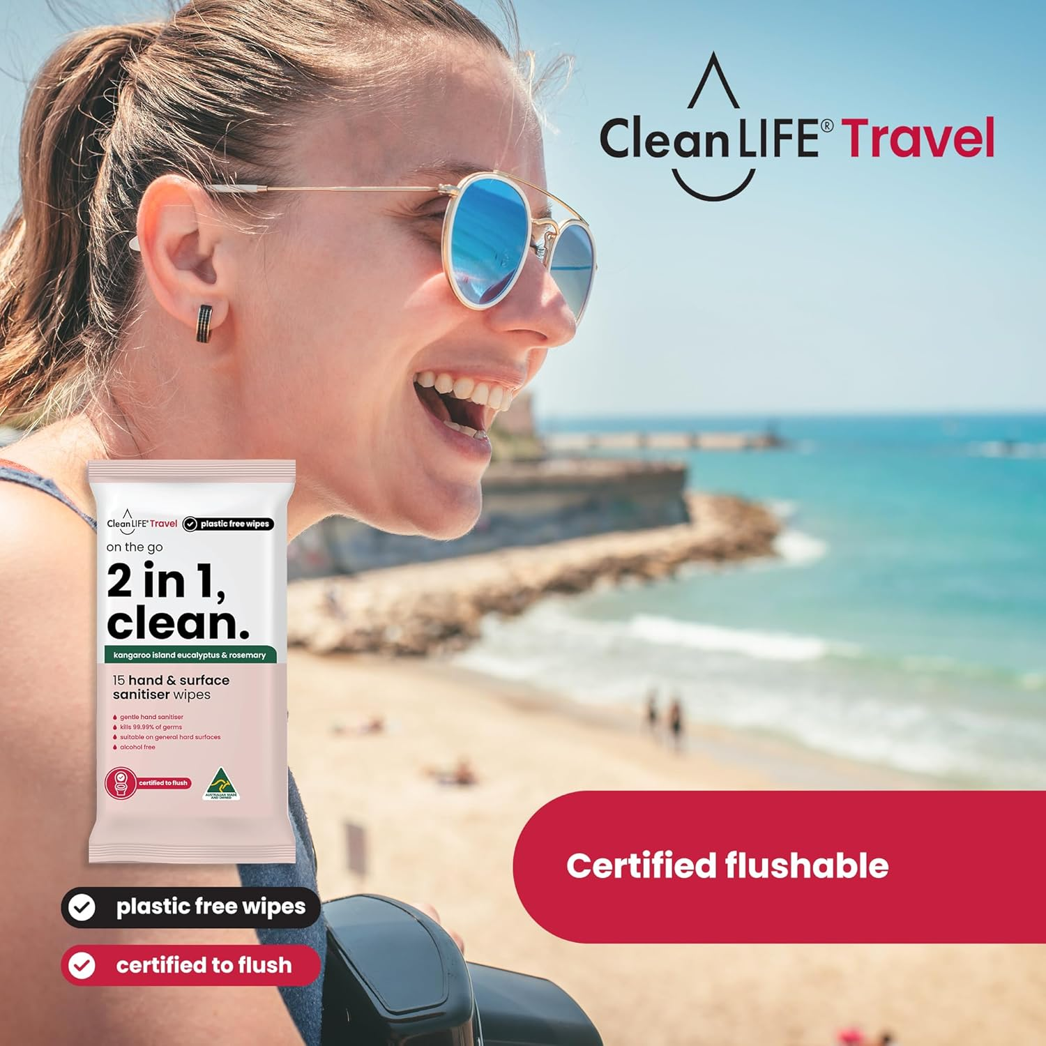 Cleanlife 2-In-1 Hand & Surface Sanitising Wipes &ndash; Disinfecting Antibacterial Cleaning, Alcohol-Free, Plant-Based, Flushable, Kills 99.99% of Germs, 15 Wipes Pack image number 4