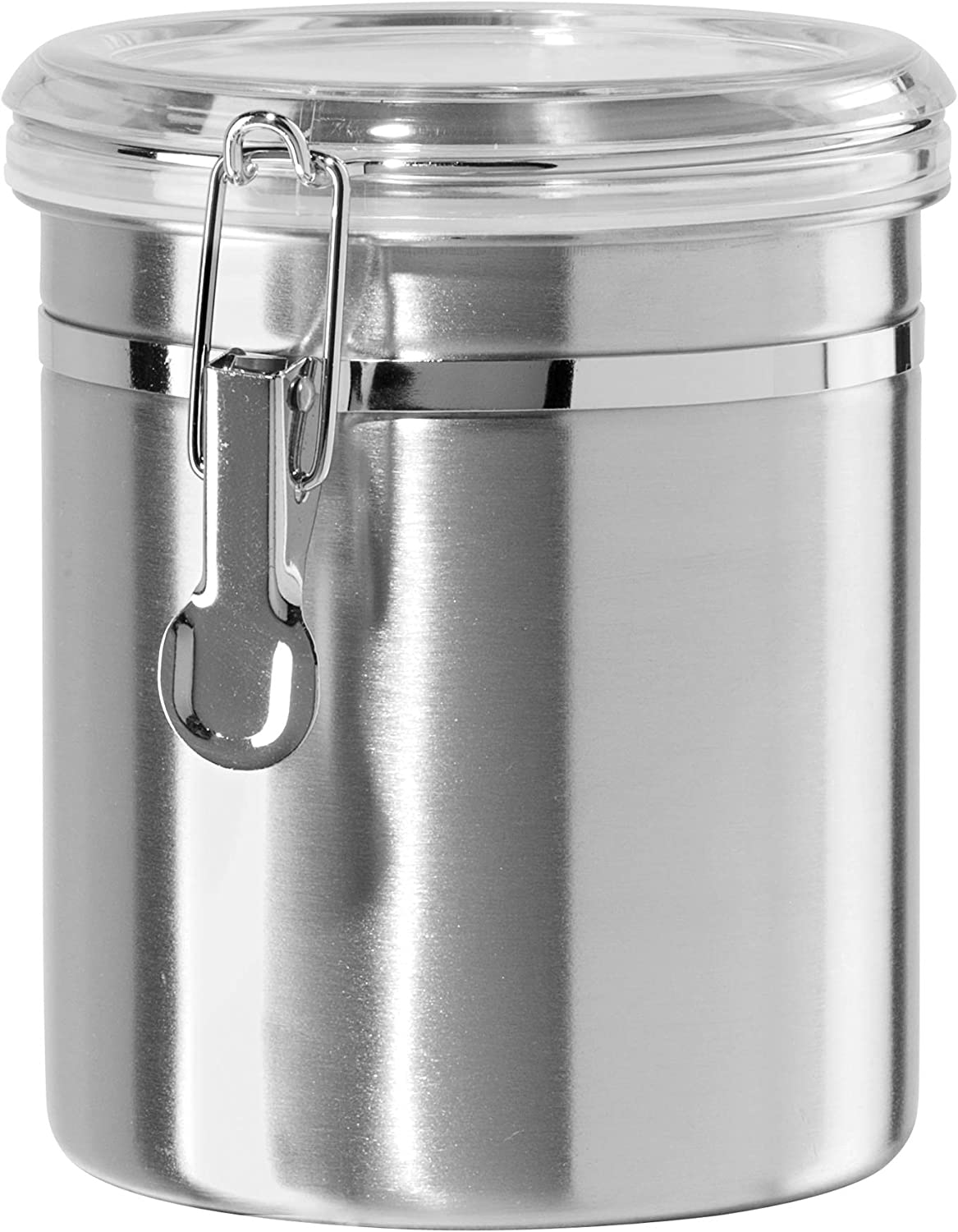 OGGI Stainless Steel Kitchen Canister 62Oz - Airtight Clamp Lid, Clear See-Thru Top - Ideal for Kitchen Storage, Food Storage, Pantry Storage. Large Size 5" X 7.5".