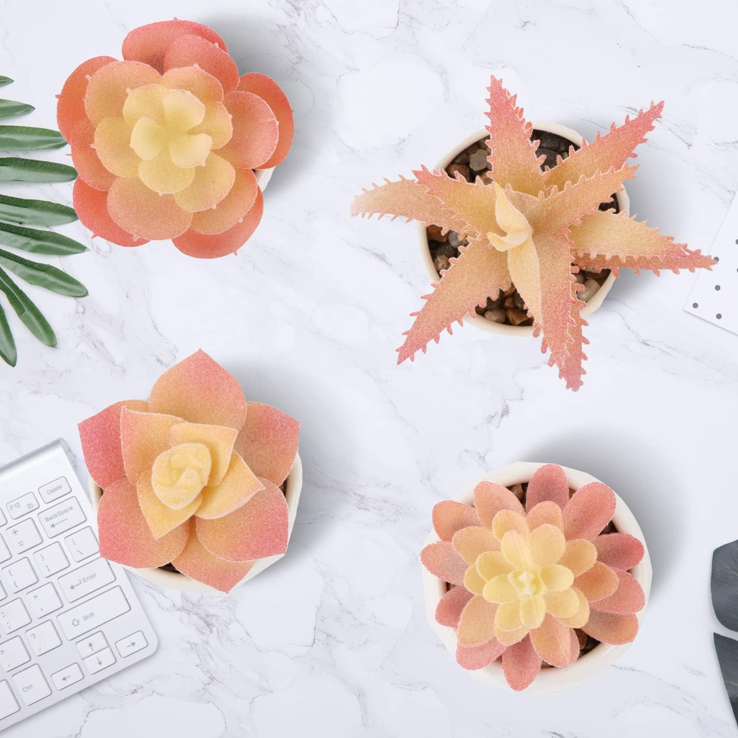 Viverie Autumn Orange Artificial Succulent Plants in White Ceramic Pots for Aesthetic Fall Decor, Fireplace Decor, Fall Office Decoration, Office Gifts, Living Room - Faux Plant Included (Set of 4) image number 5