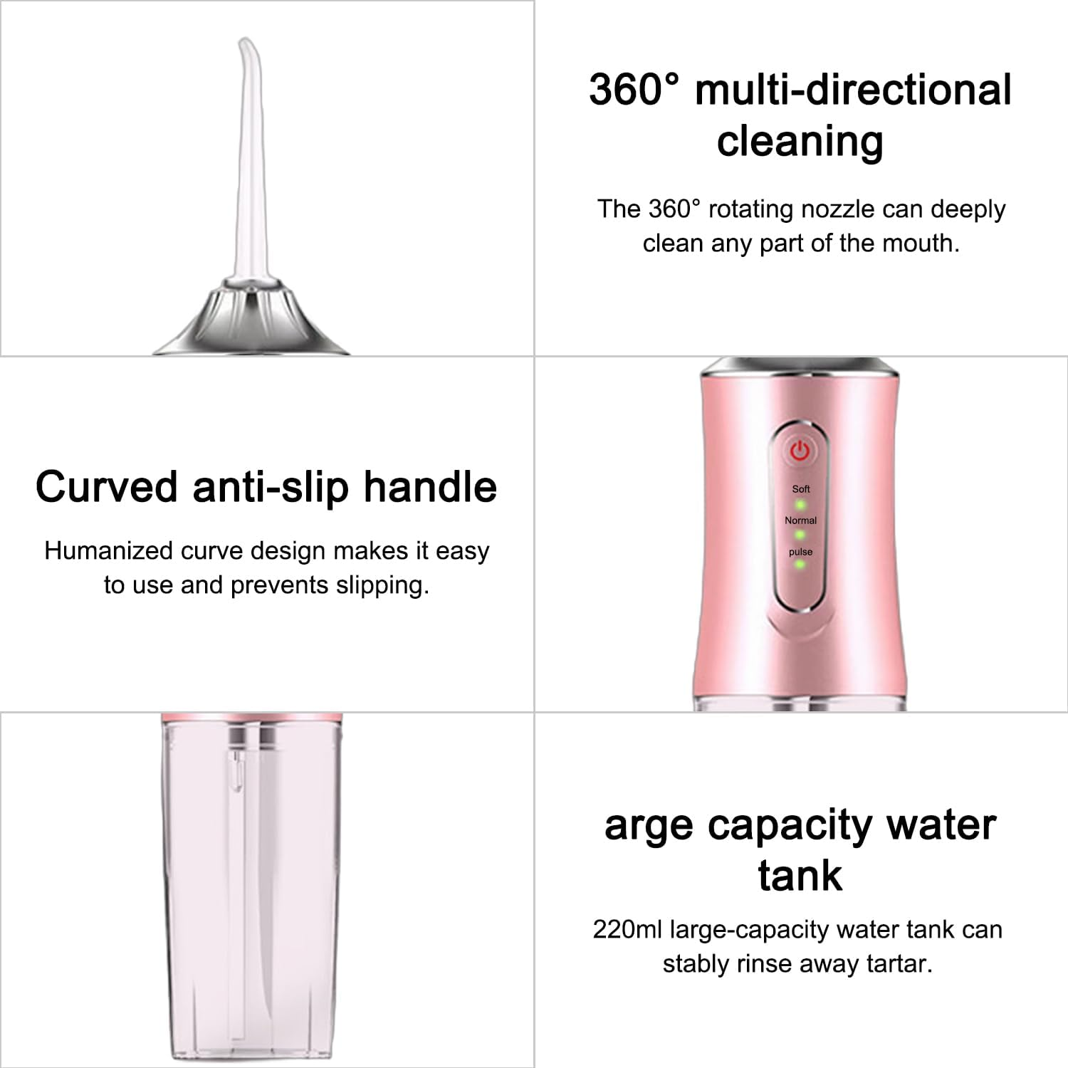 GIOD Water Flosser, Cordless Dental Oral Irrigator, Electric Portable Smart Tooth Cleaner, IPX7 Waterproof Rechargeable Dental Care with 3 Pressure Modes 4 Nozzles, 240Ml for Home and Travel (Pink) image number 3