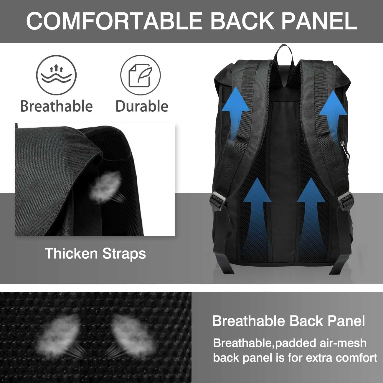 Laptop Backpack for Men Women,Vaschy Vintage Large Casual School Daypack Lightweight Camping Rucksack Travel Backpack Bookbag With15.6In Laptop Sleeve Black image number 2