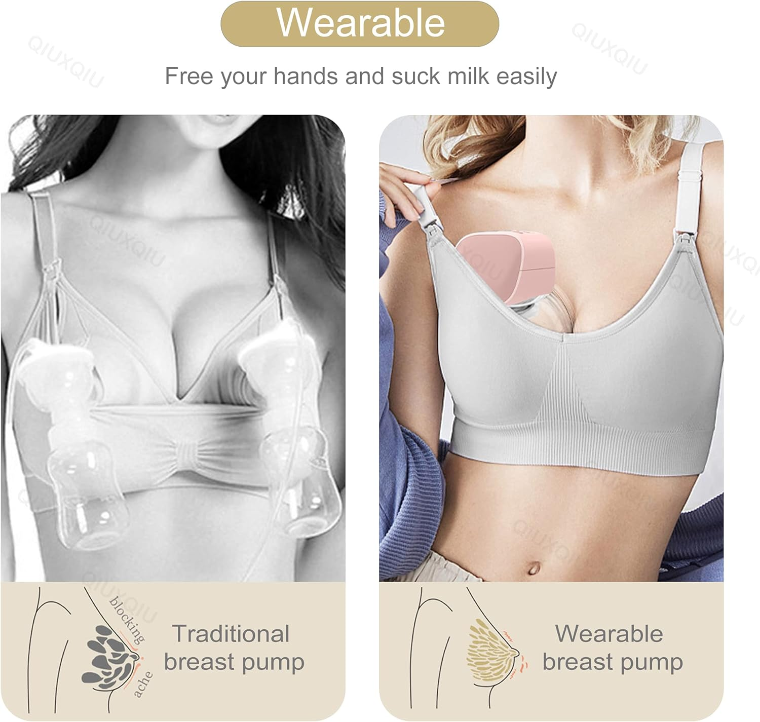QIUXQIU Wearable Breast Pumps Electric Hands-Free Breast Milk Extractor Portable Spill-Proof Ultra-Quiet Pain Free Breastpump with 2 Mode & 5 Levels USB Rechargeable Battery Breast Milk Pump (Pink) image number 6